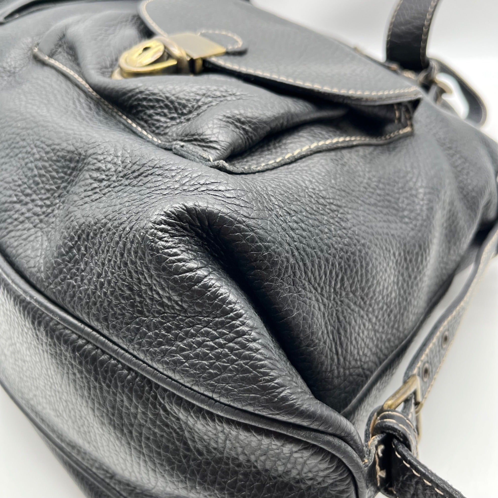 Pulicati Black Pebbled Leather Convertible Satchel Bag