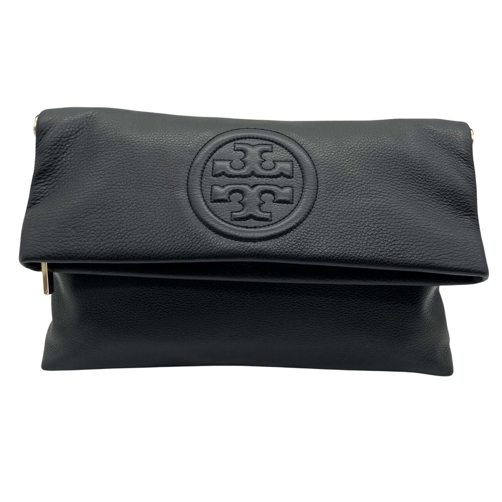 Tory Burch Black Pebbled Leather Bombe Fold-Over Clutch/Crossbody Bag