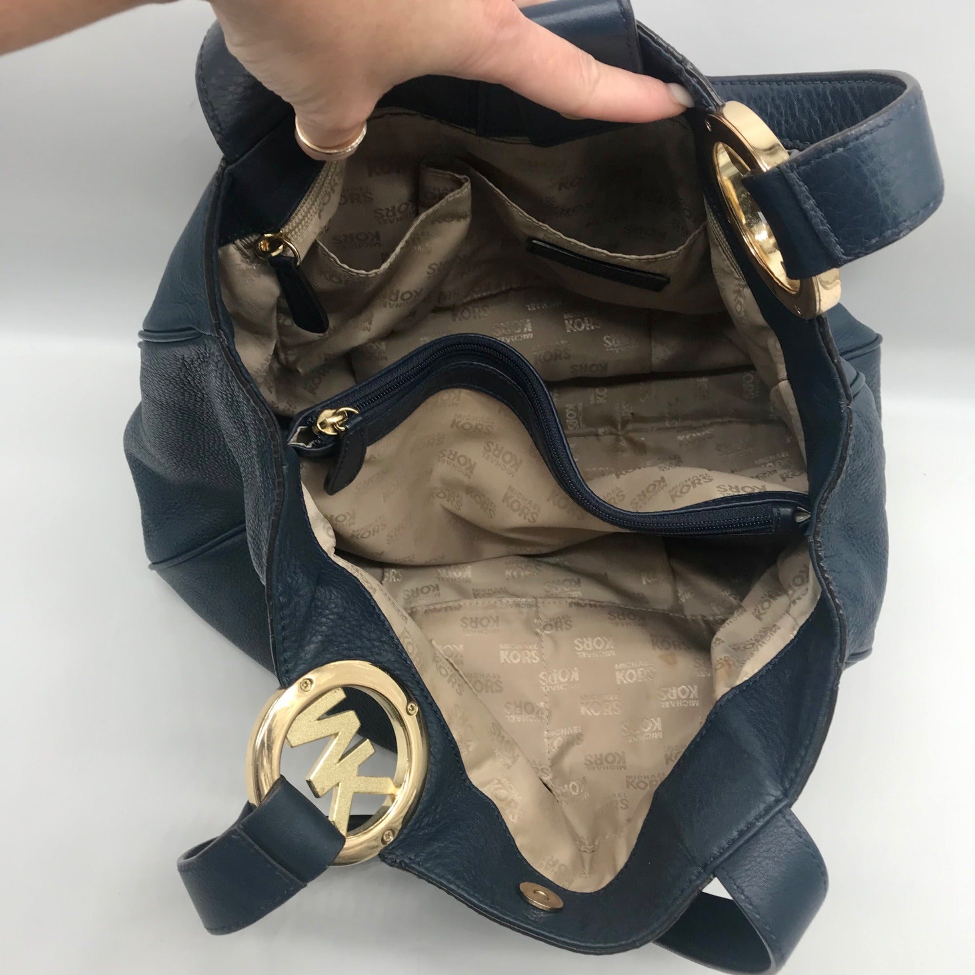 Michael Kors Navy Blue Pebbled Leather Fulton East West Tote