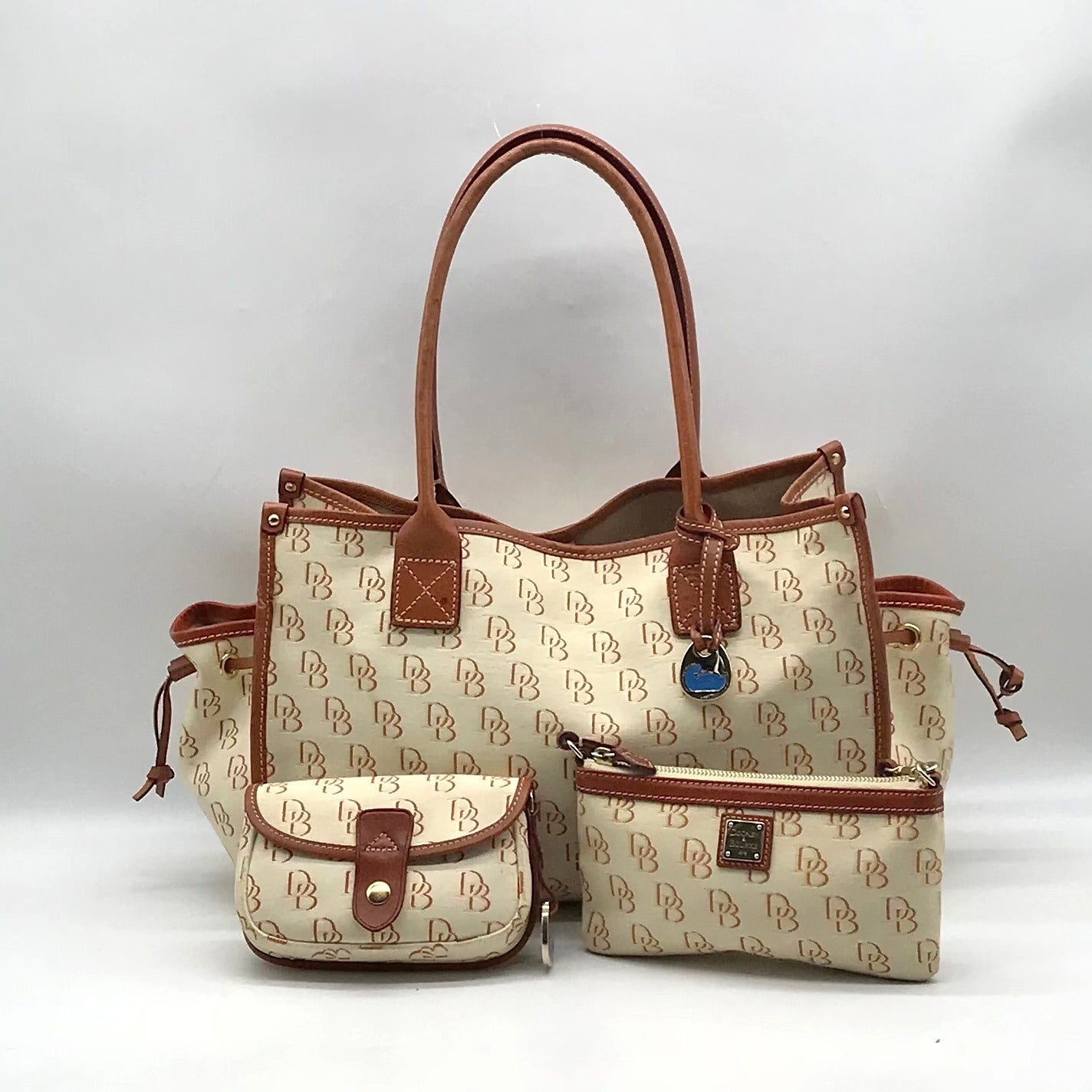 Dooney &amp; Bourke Yellow/ Brown Monogram Canvas Tote With Wallet And Eyeglass Case