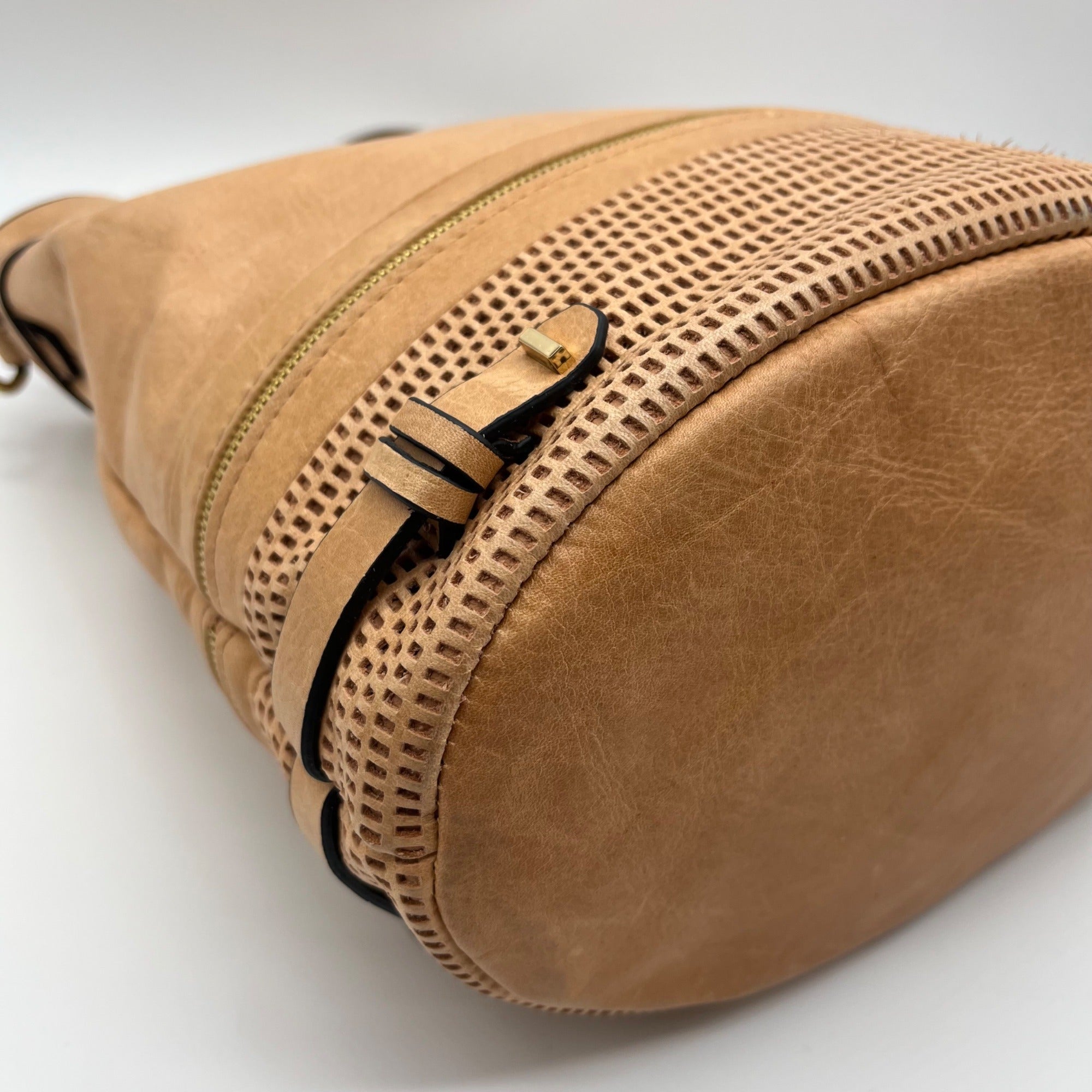 She + Lo Tan Perforated Drawstring Hobo Bag
