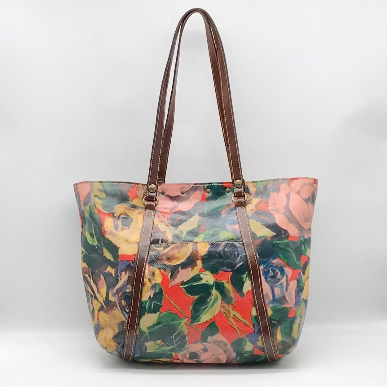 Patricia Nash Brown Leather Winter Bloom Print Benvenuto Tote Bag