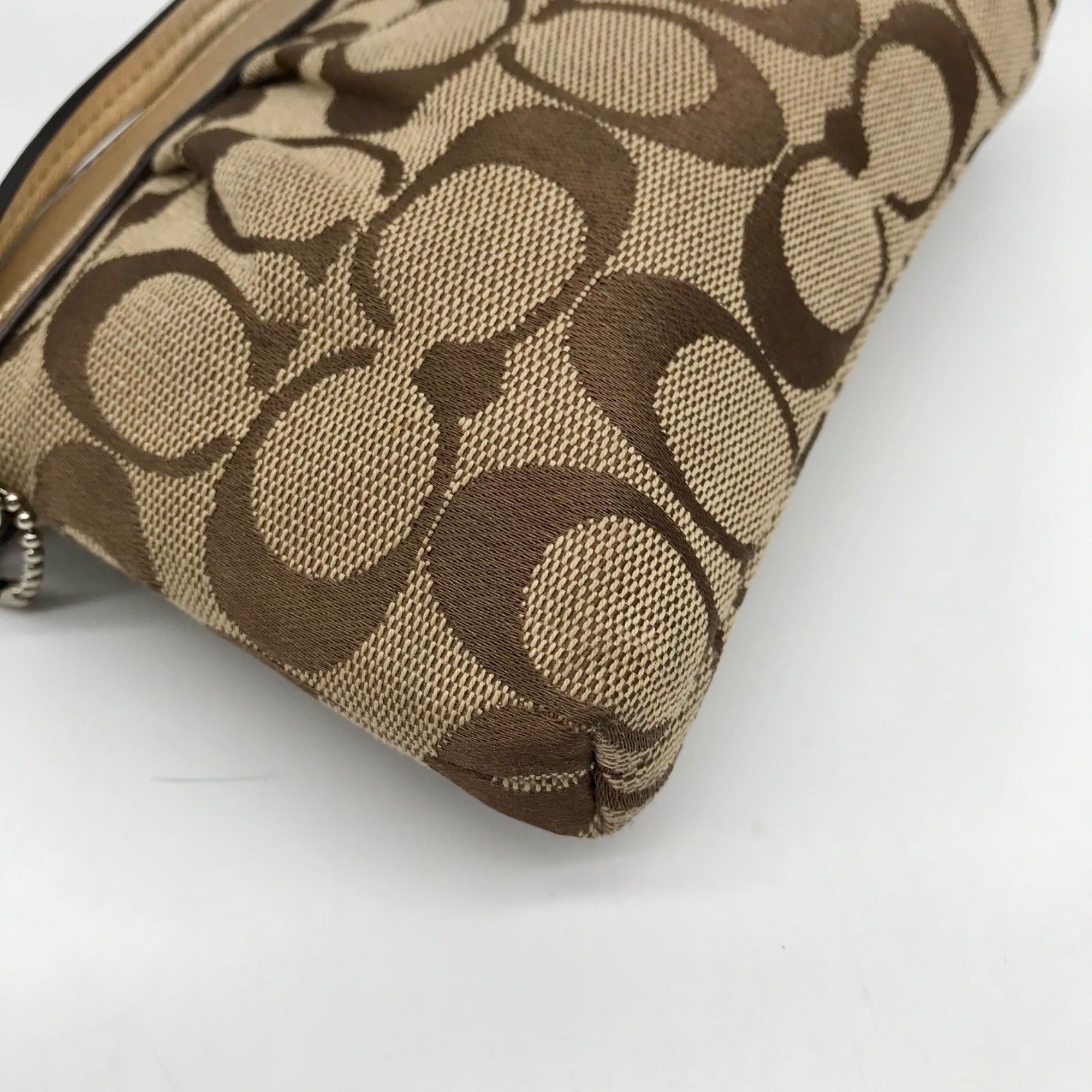 Coach Gold &amp; Brown Signature Jacquard Canvas Wristlet