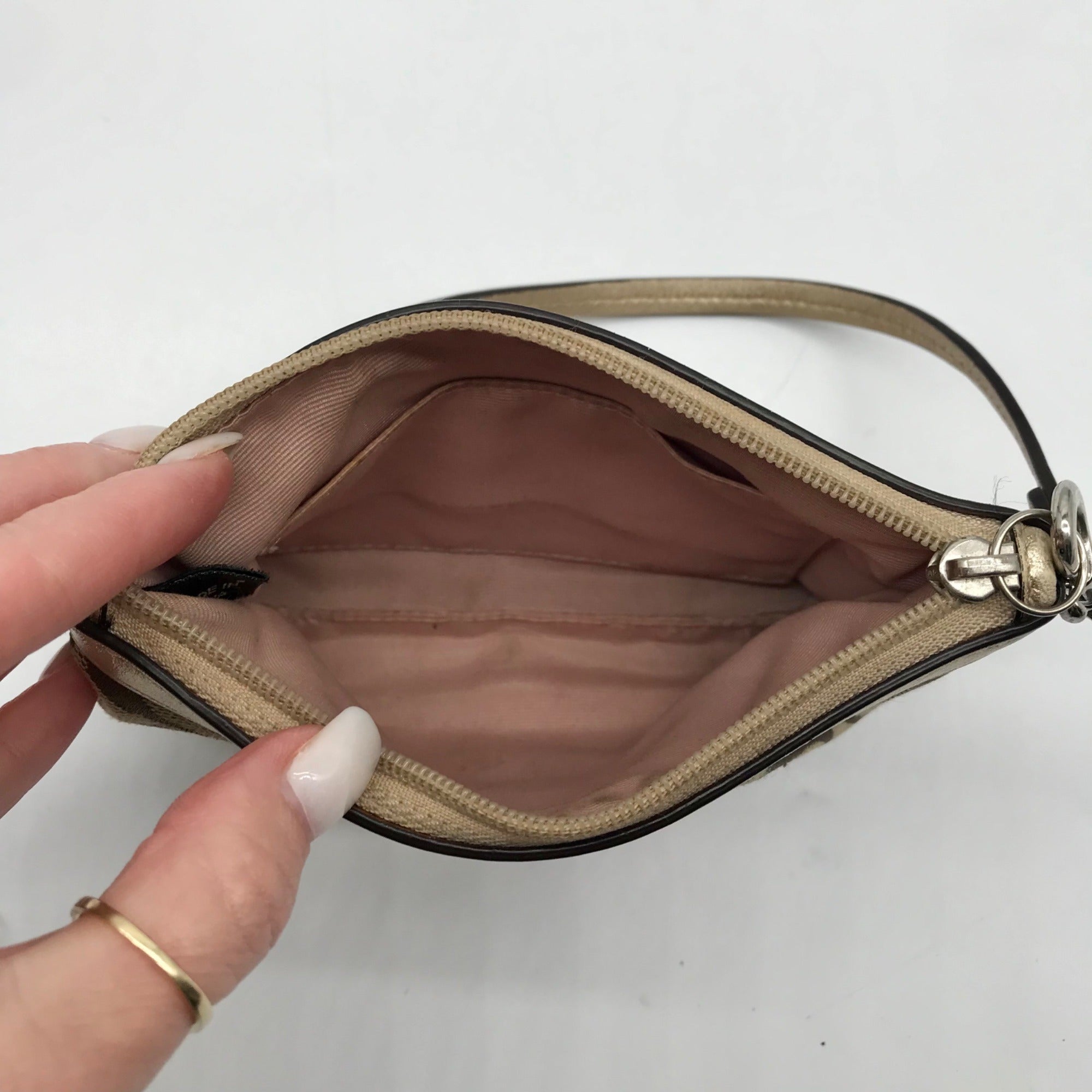 Coach Gold &amp; Brown Signature Jacquard Canvas Wristlet