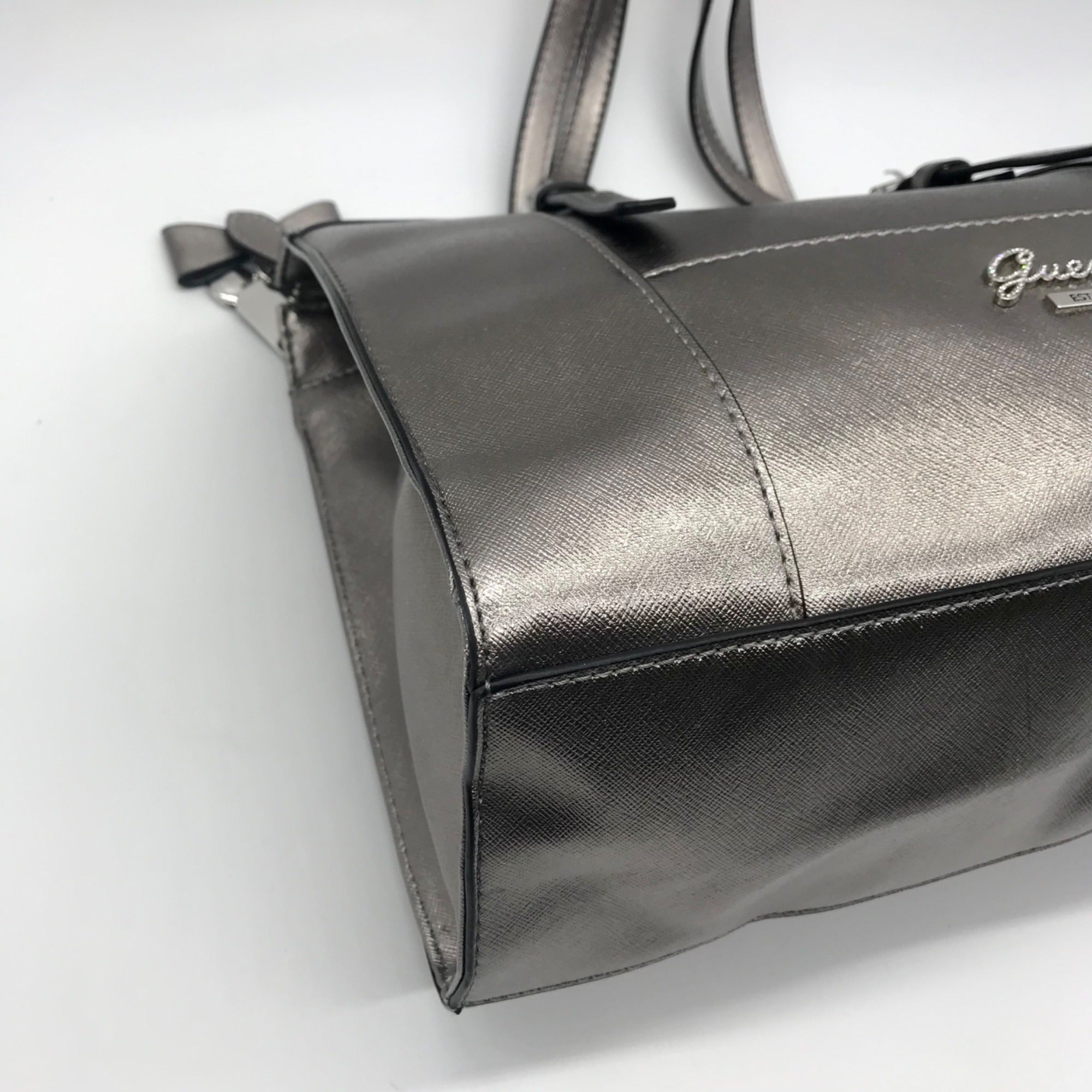 Guess Silver Faux Leather Delaney Small Classic Tote Bag