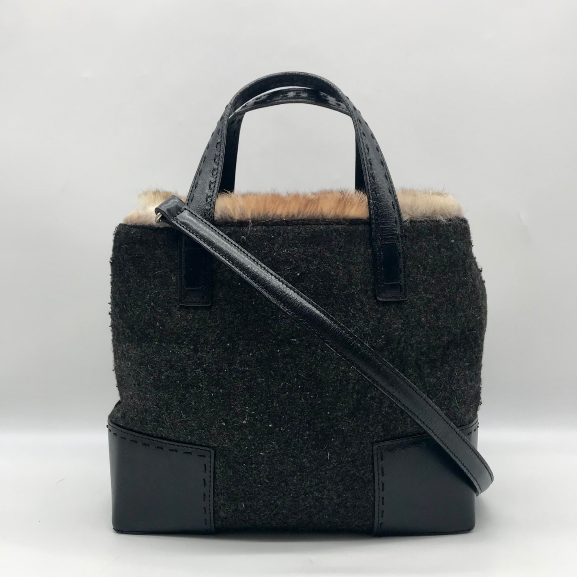 Cole Haan Black Wool Rabbit Fur Leather Tote Bag