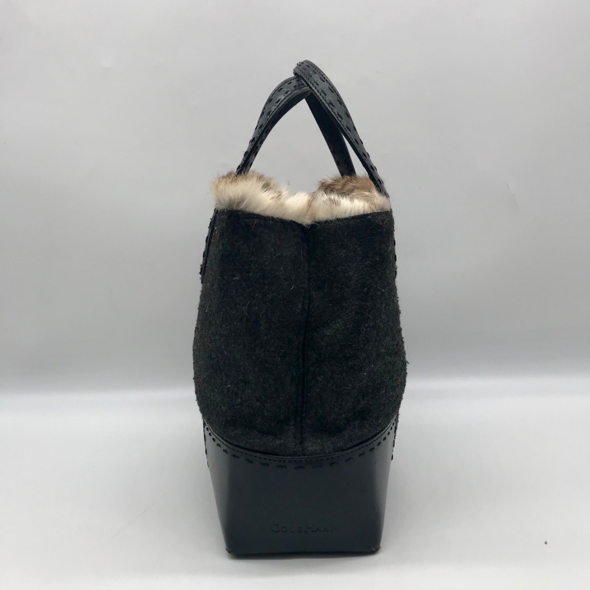 Cole Haan Black Wool Rabbit Fur Leather Tote Bag