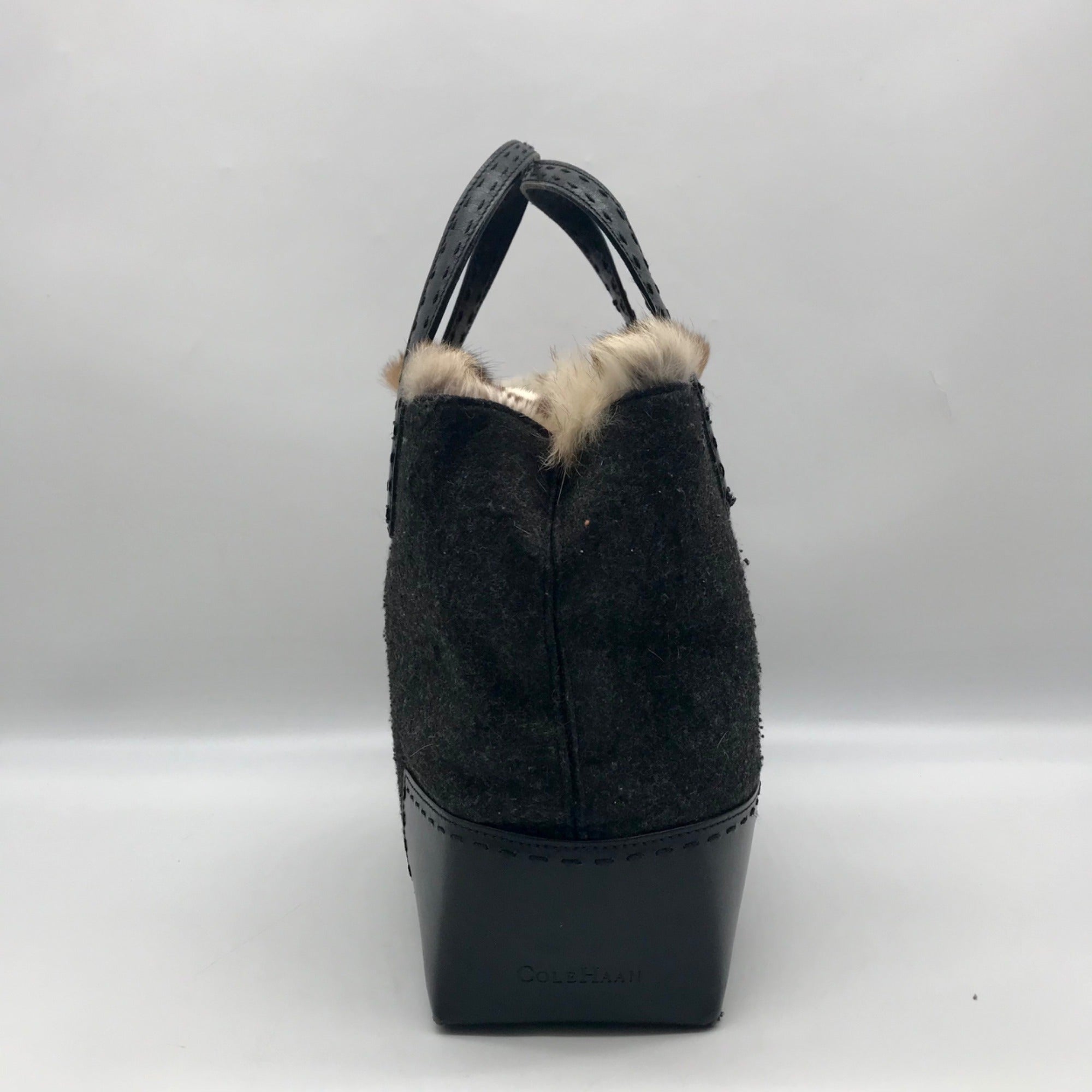 Cole Haan Black Wool Rabbit Fur Leather Tote Bag