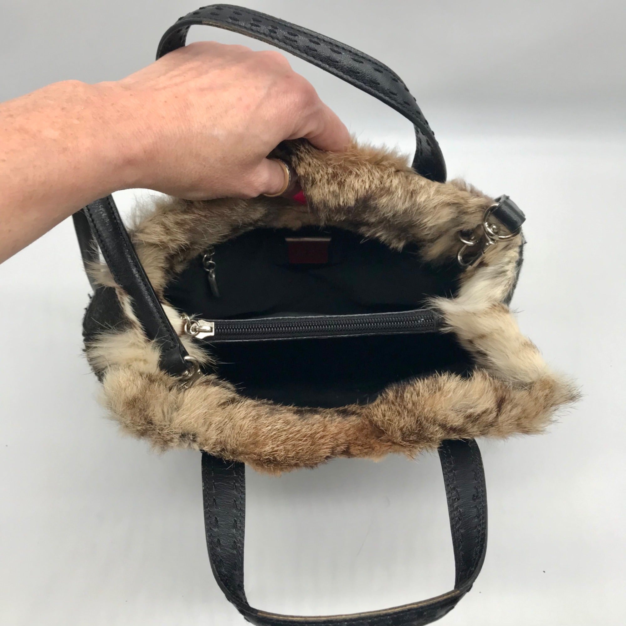 Cole Haan Black Wool Rabbit Fur Leather Tote Bag