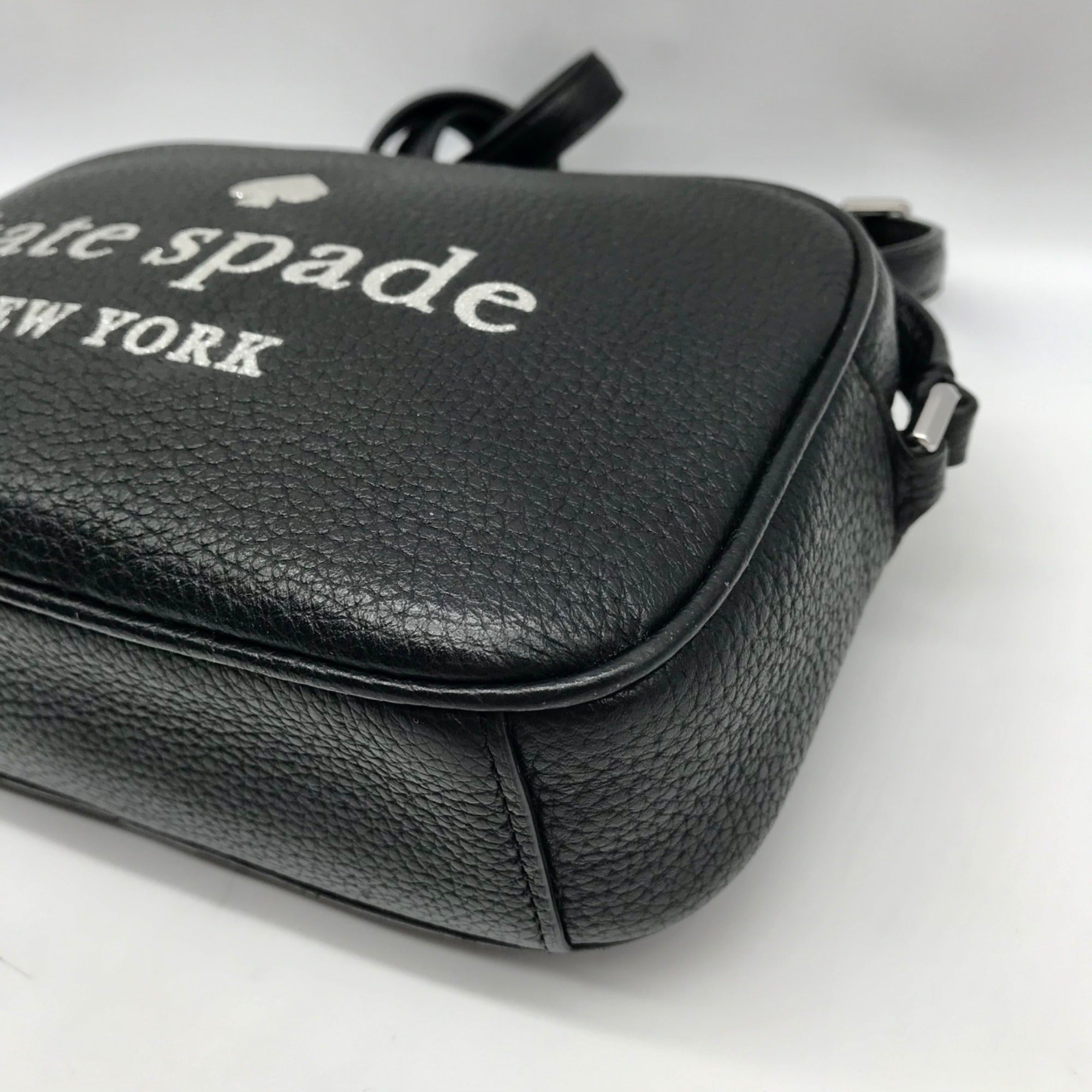Kate Spade Black Leather Glitter On Mini Camera Crossbody Bag