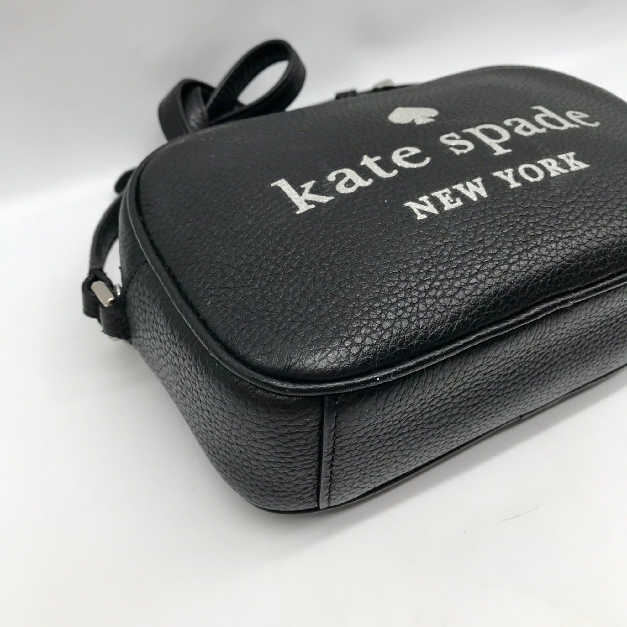 Kate Spade Black Leather Glitter On Mini Camera Crossbody Bag