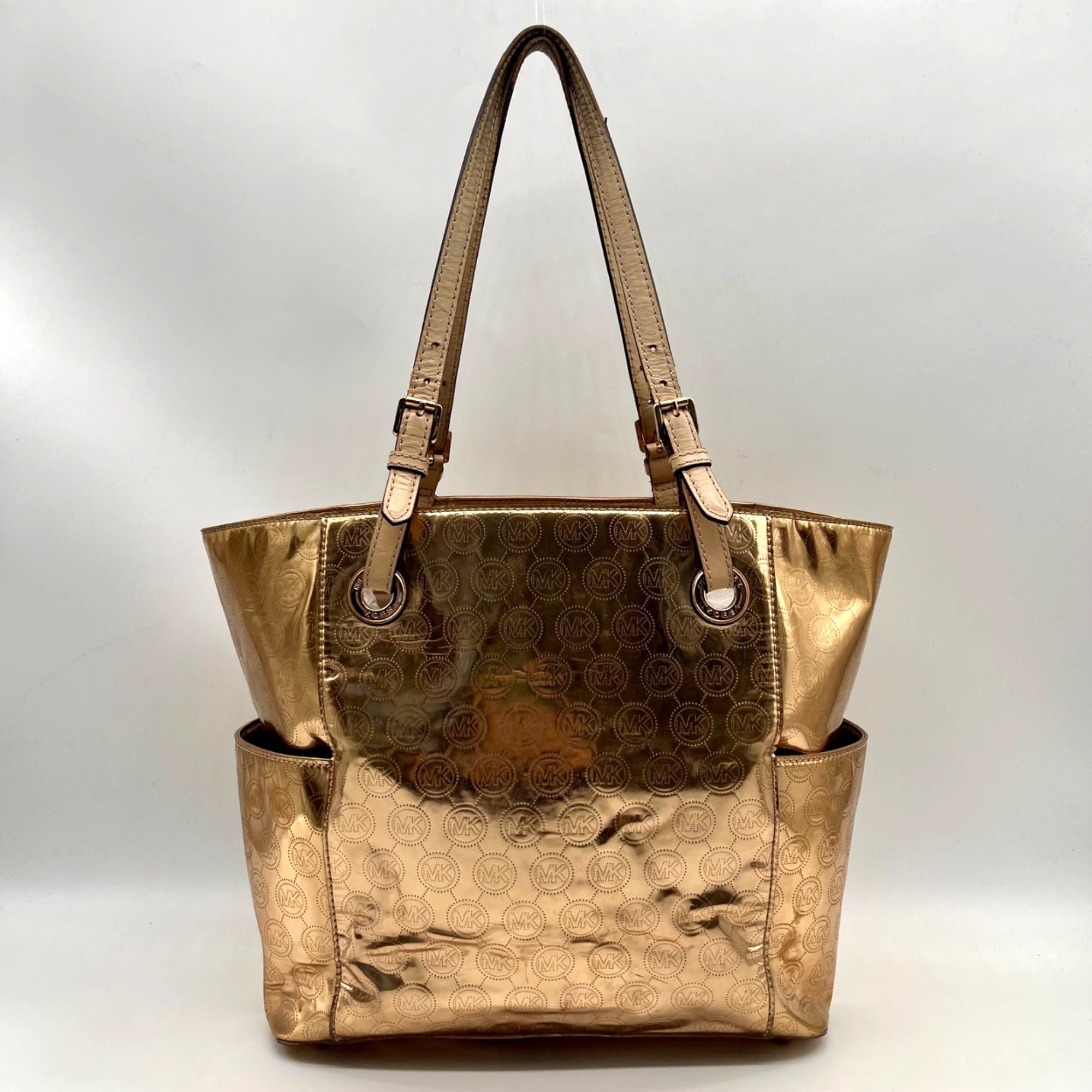 Michael Kors Metallic Rose Gold Embossed Signature Monogram Tote Bag