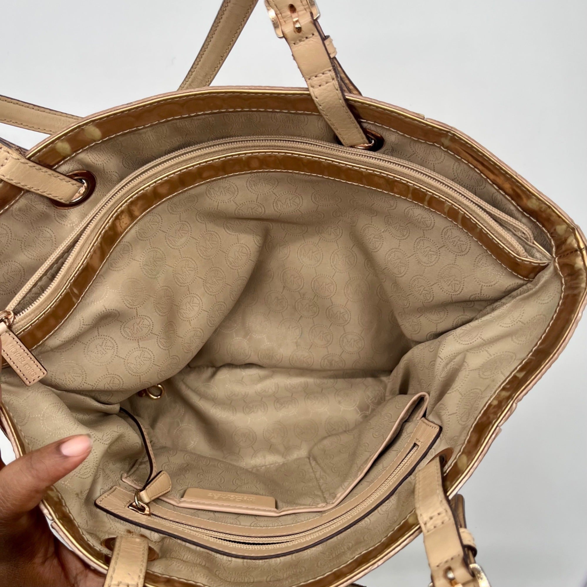 Michael Kors Metallic Rose Gold Embossed Signature Monogram Tote Bag