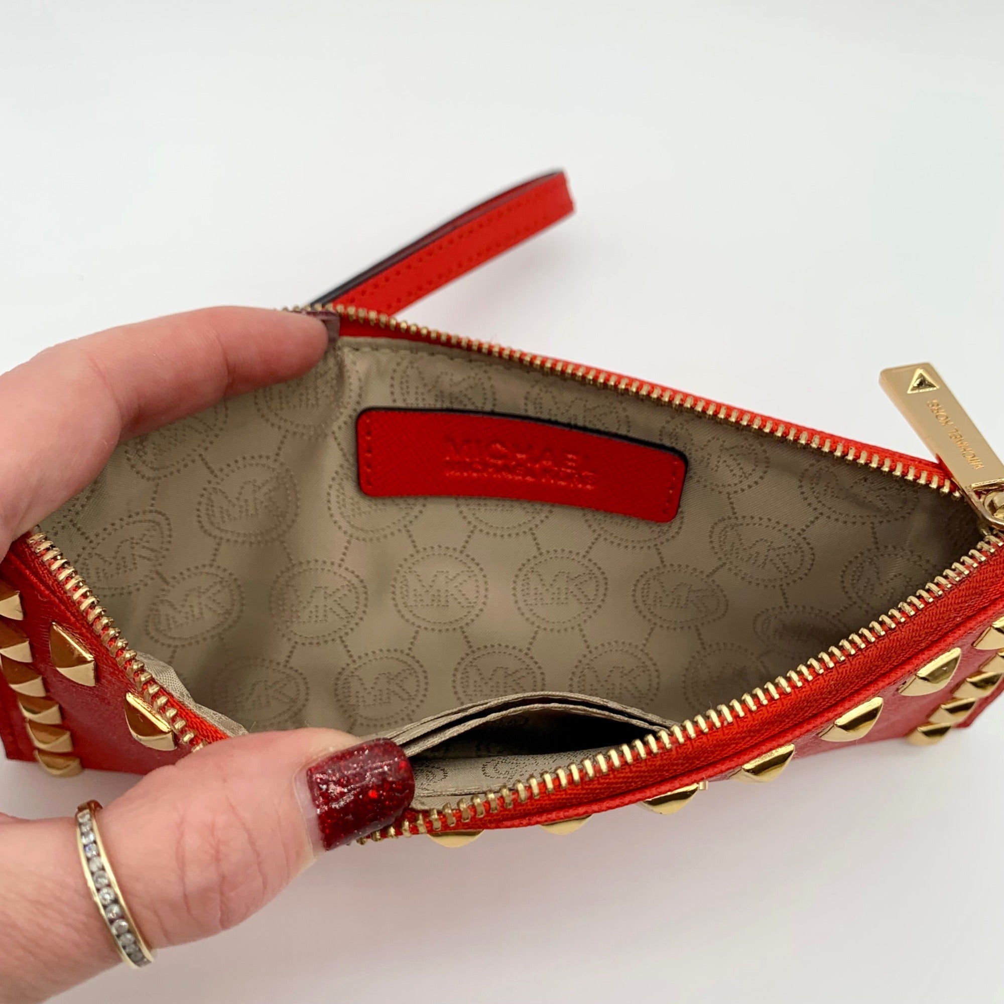 Michael Kors Red Saffiano Leather Selma Stud Wallet