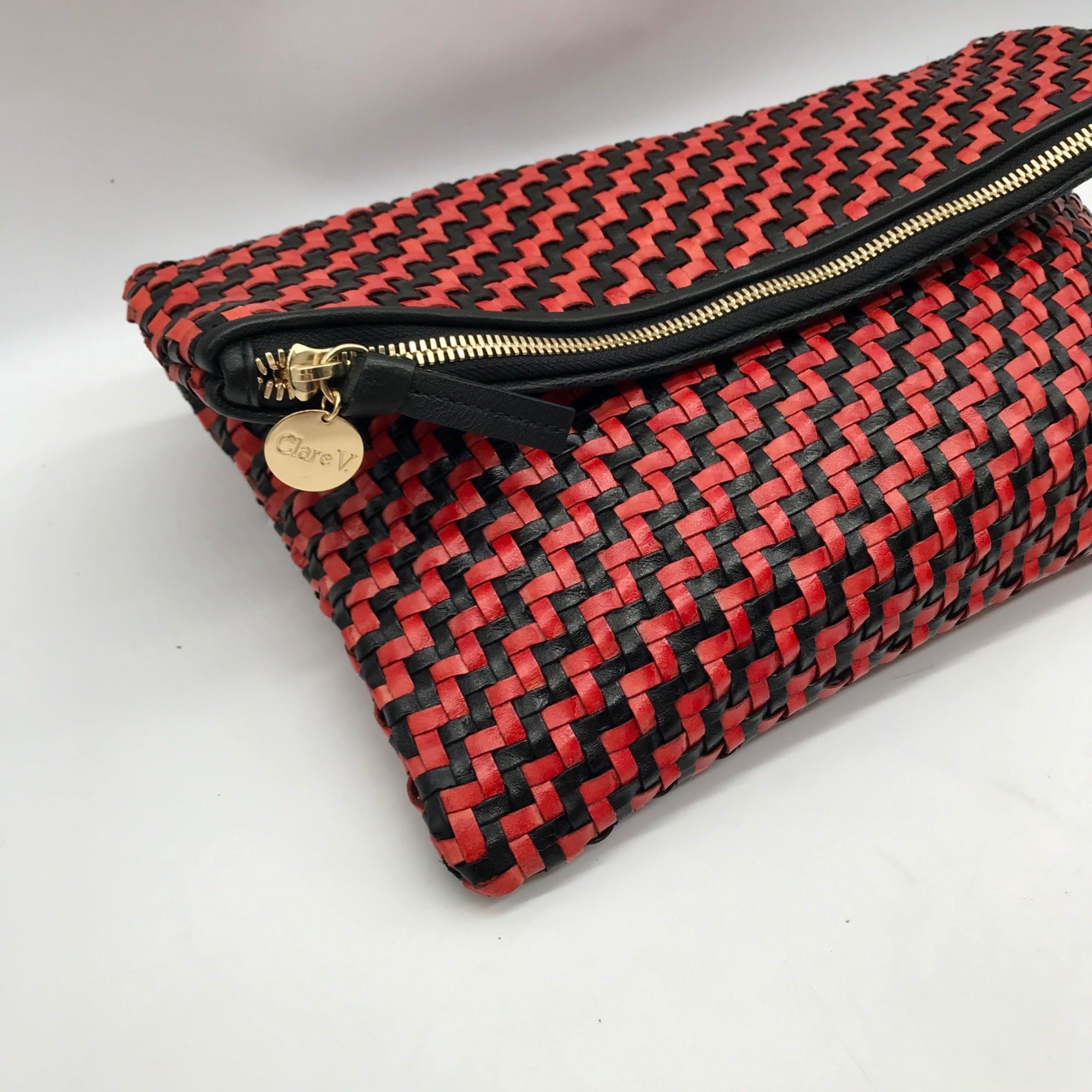 Clare V Red And Black Poppy Woven Zig-Zag Folover Clutch