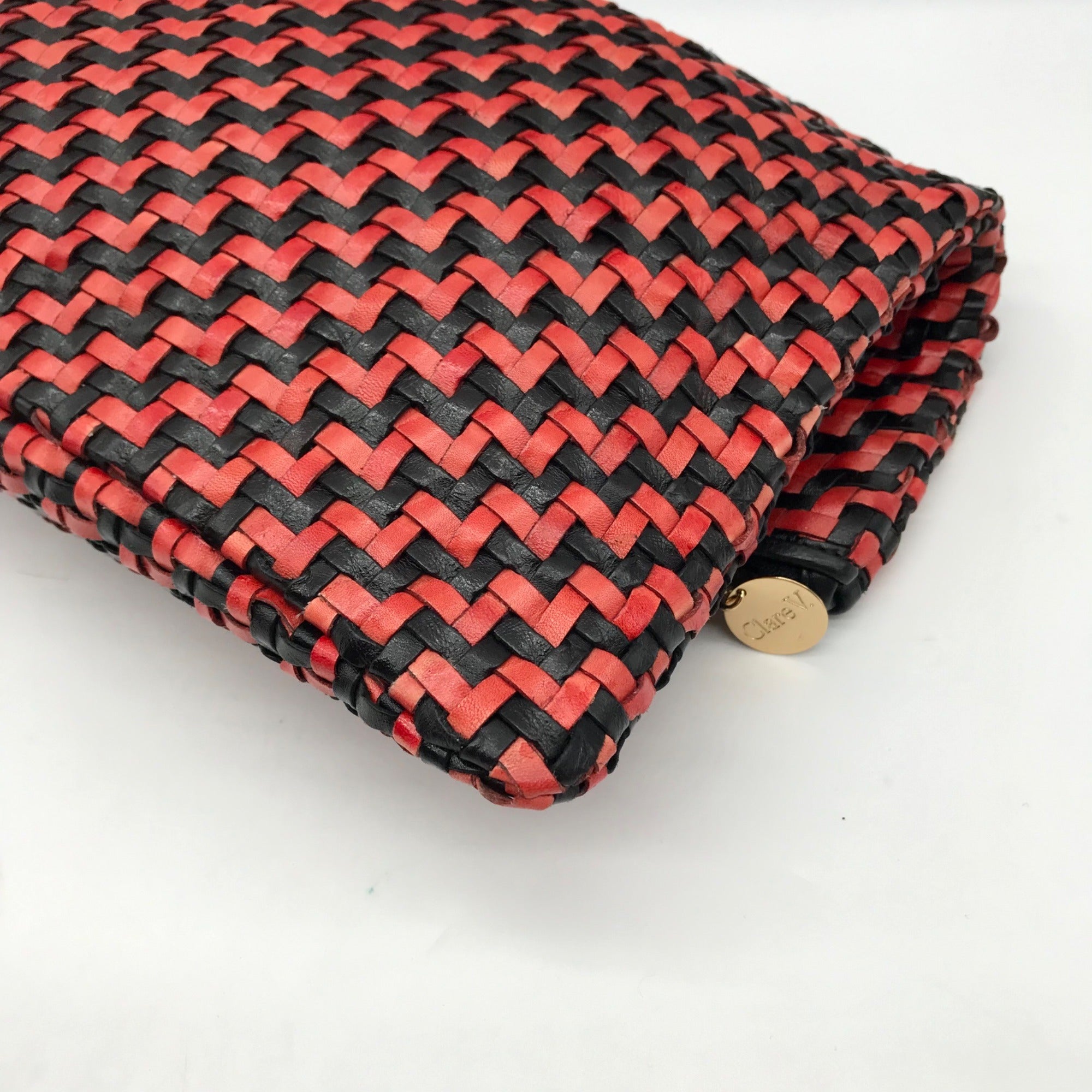 Clare V Red And Black Poppy Woven Zig-Zag Folover Clutch