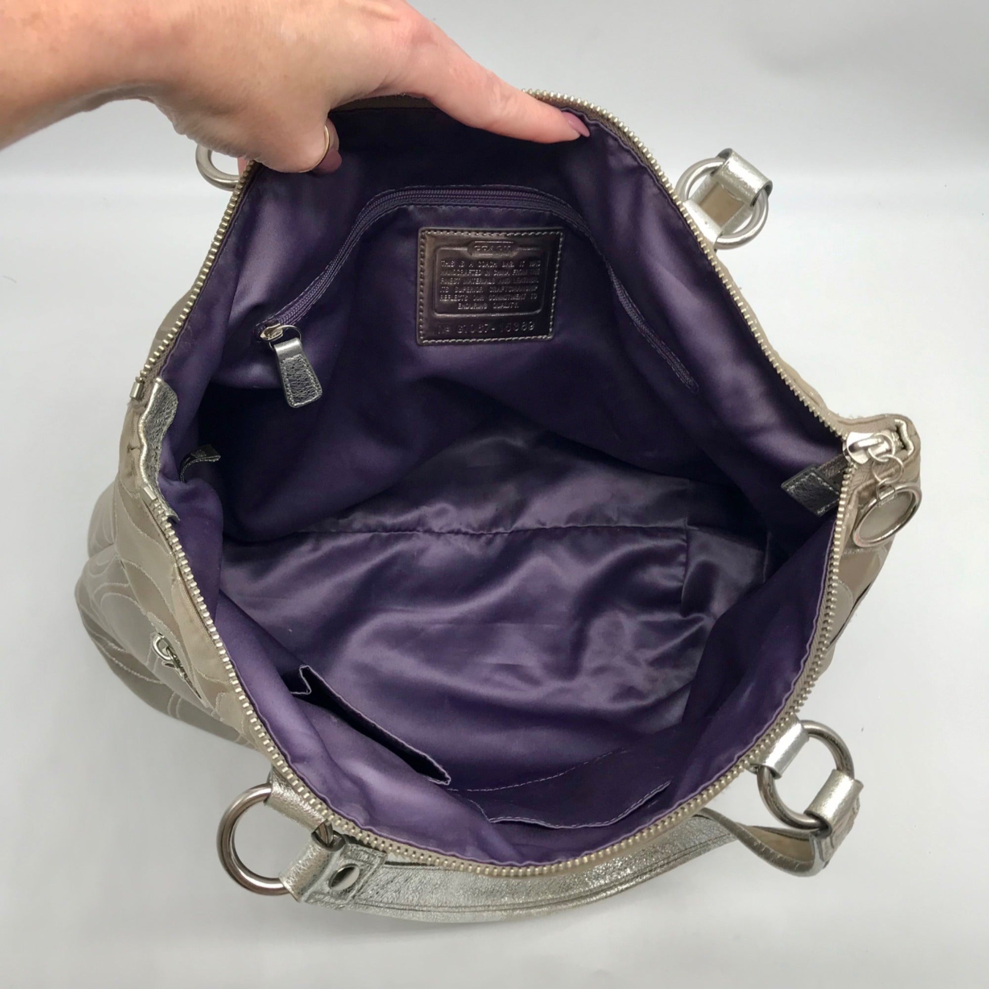 Coach Gray Monogram Canvas Poppy Metallic Glam Tote 15389