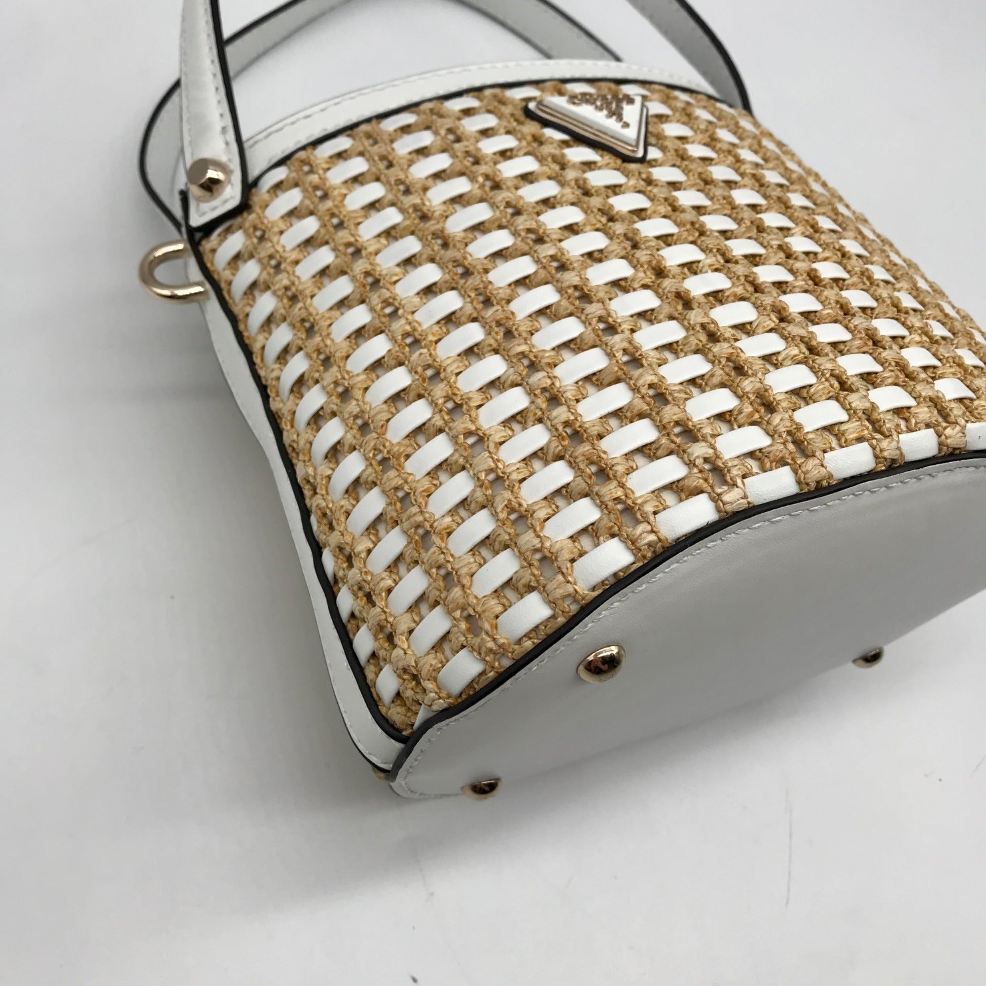 Guess White and Wicker Woven Basket Style Crossbody Bag