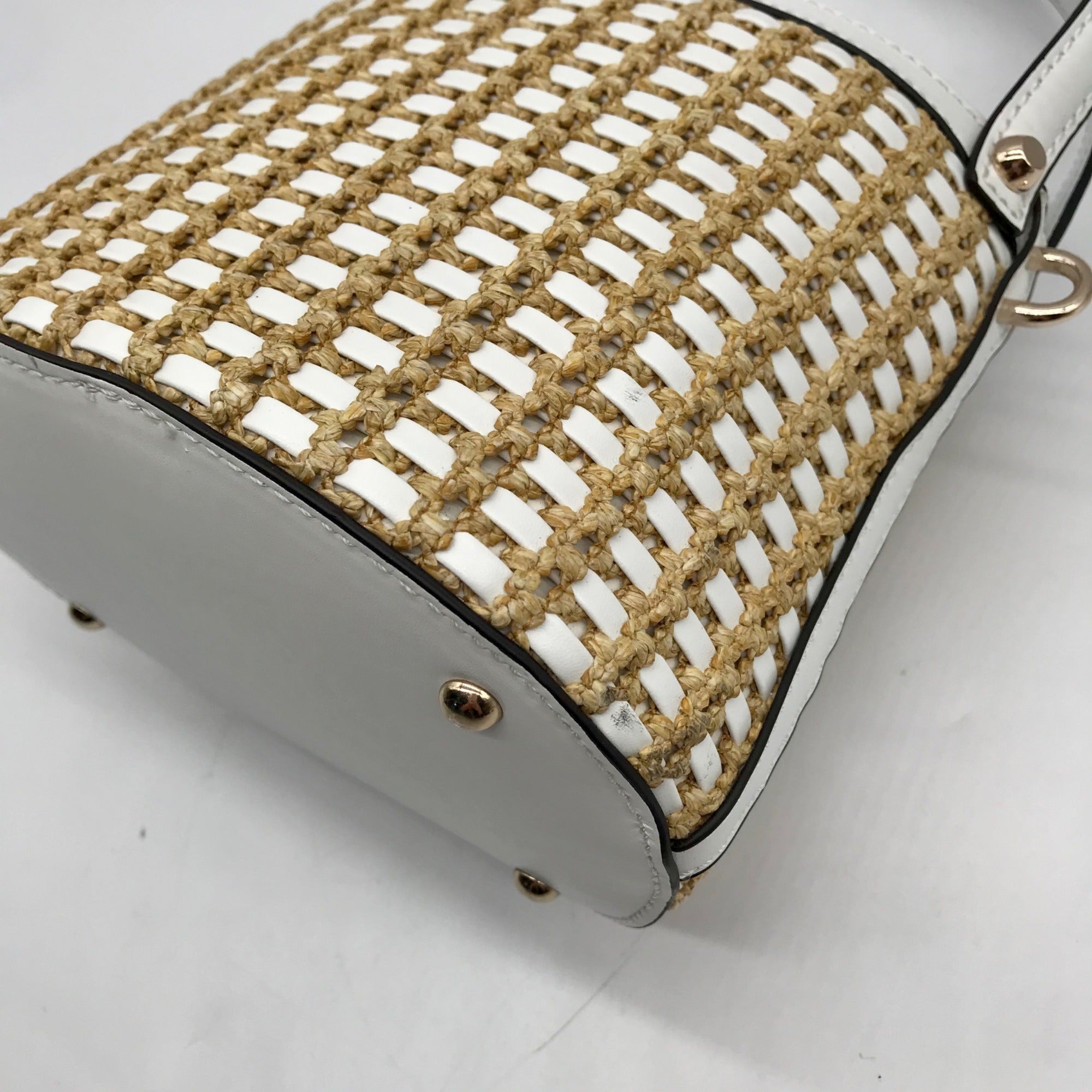 Guess White and Wicker Woven Basket Style Crossbody Bag