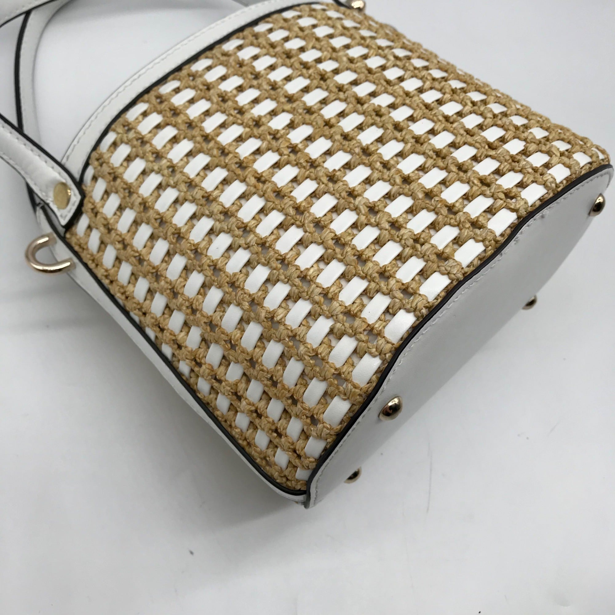 Guess White and Wicker Woven Basket Style Crossbody Bag