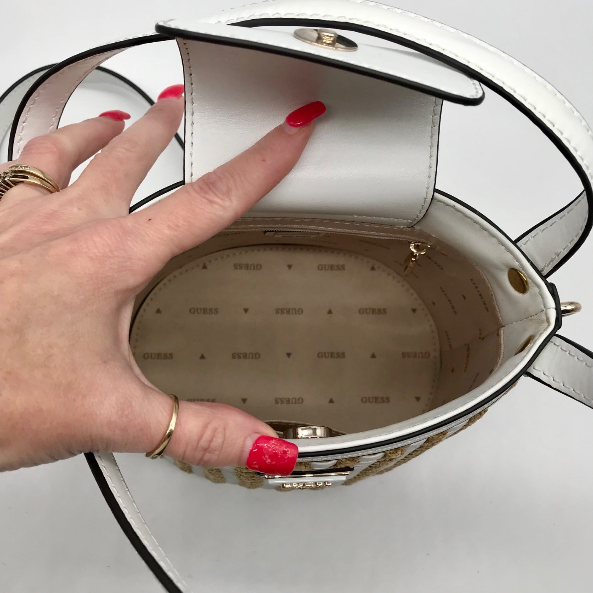 Guess White and Wicker Woven Basket Style Crossbody Bag