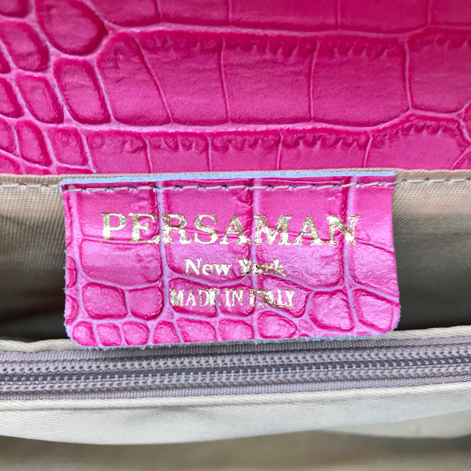 Persaman Pink Croc Embossed Leather Priscilla Crossbody Clutch