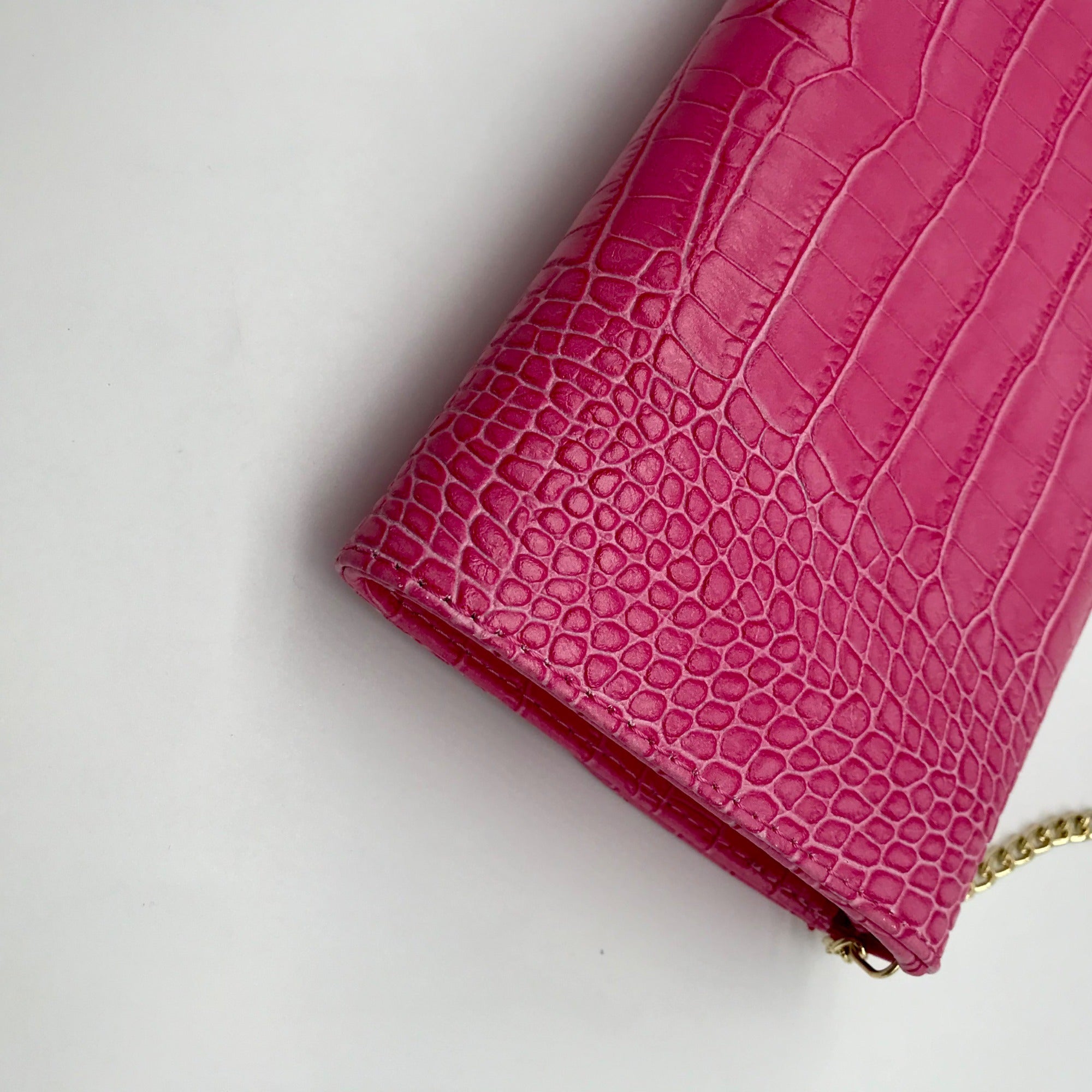 Persaman Pink Croc Embossed Leather Priscilla Crossbody Clutch