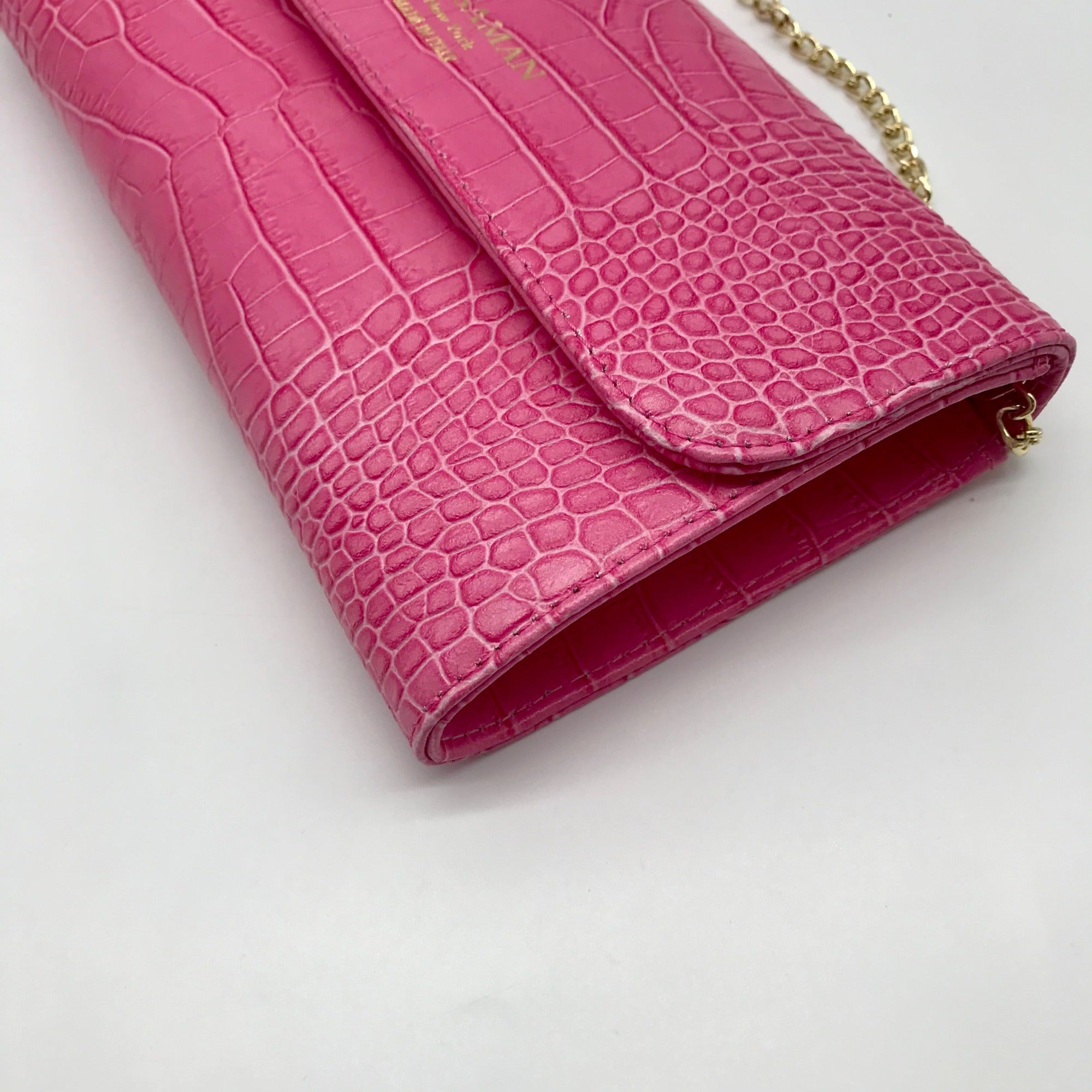 Persaman Pink Croc Embossed Leather Priscilla Crossbody Clutch