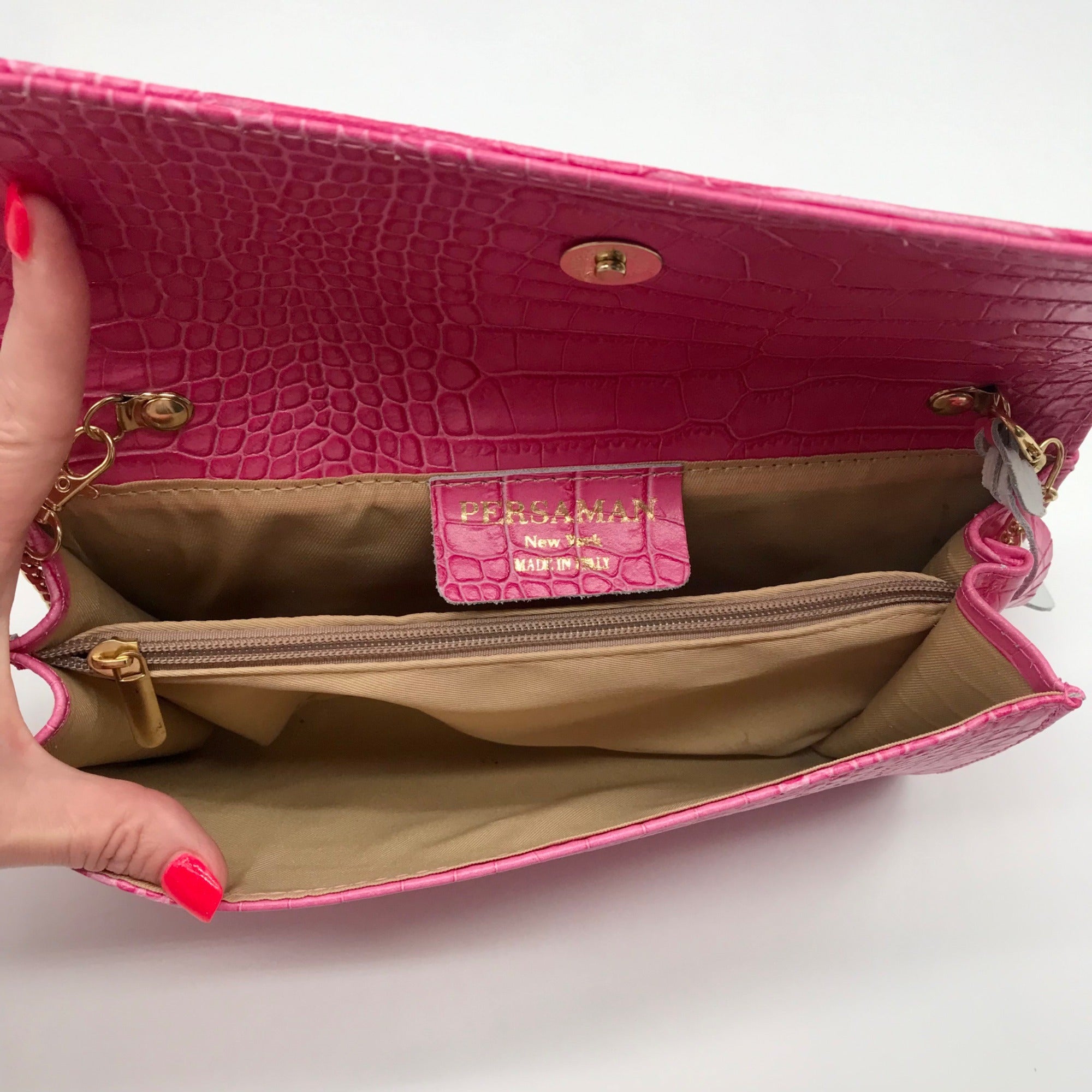 Persaman Pink Croc Embossed Leather Priscilla Crossbody Clutch