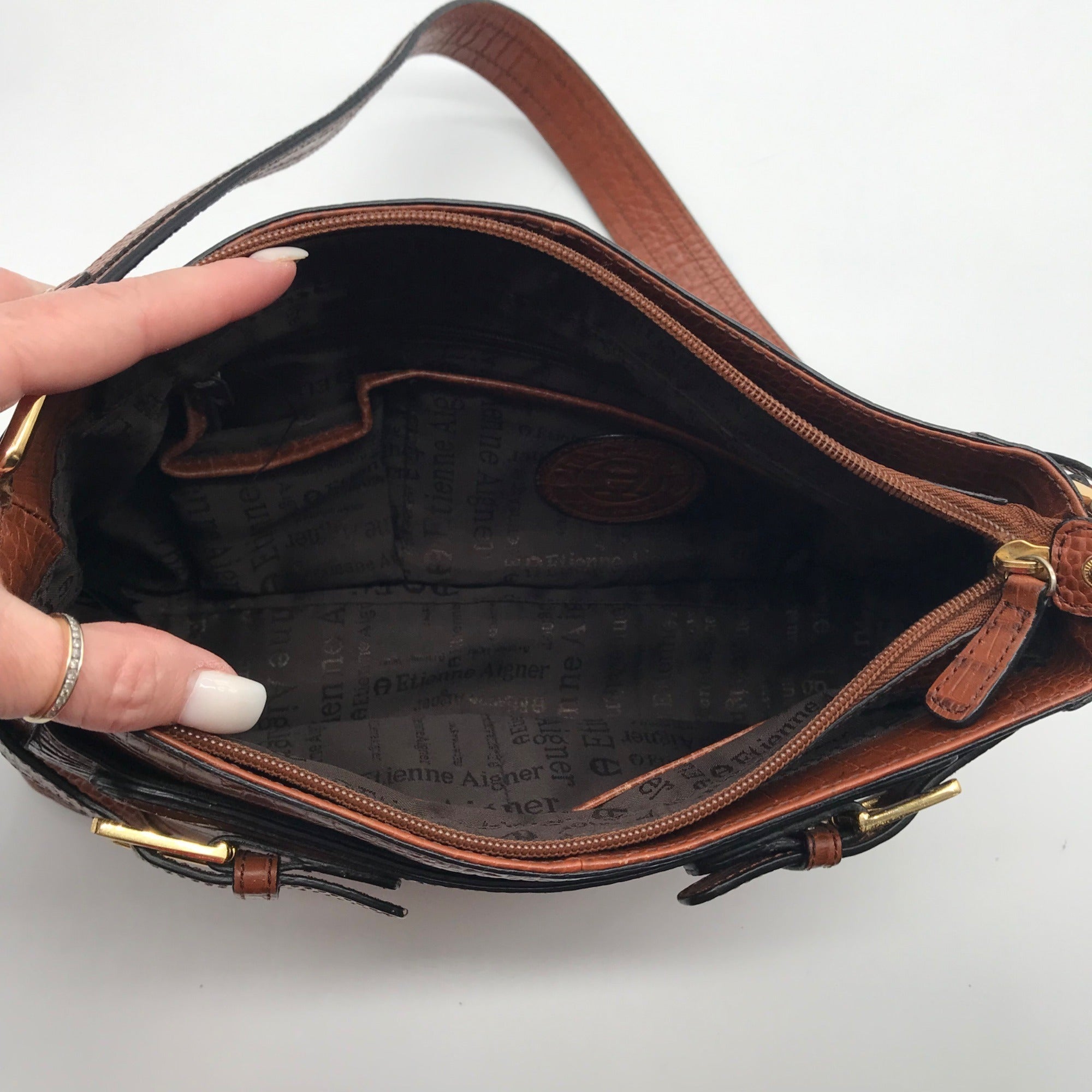 Etienne Aigner Brown Reptile Embossed Leather Shoulder Bag
