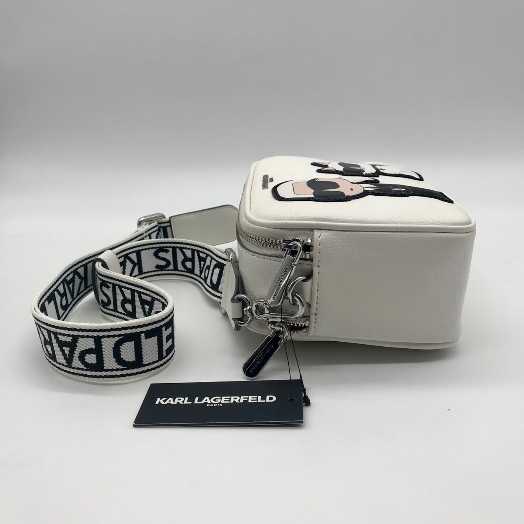 Karl Largerfeld White Pebbled Faux Leather Maybelle Camera Crossbody Bag