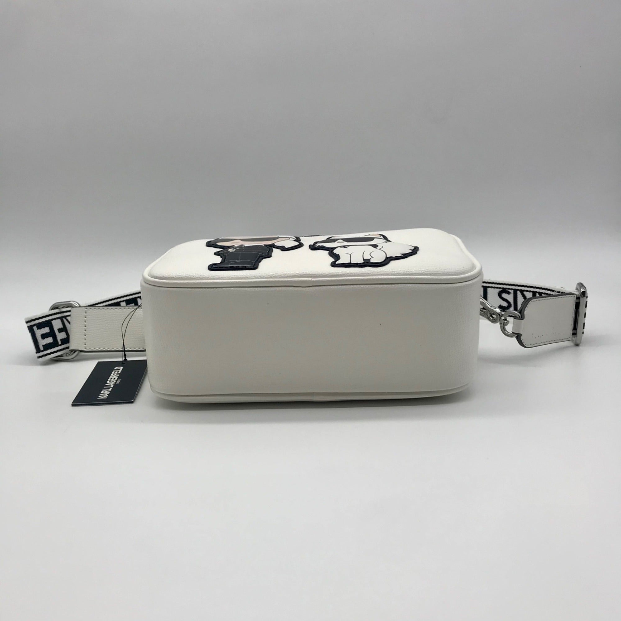 Karl Largerfeld White Pebbled Faux Leather Maybelle Camera Crossbody Bag