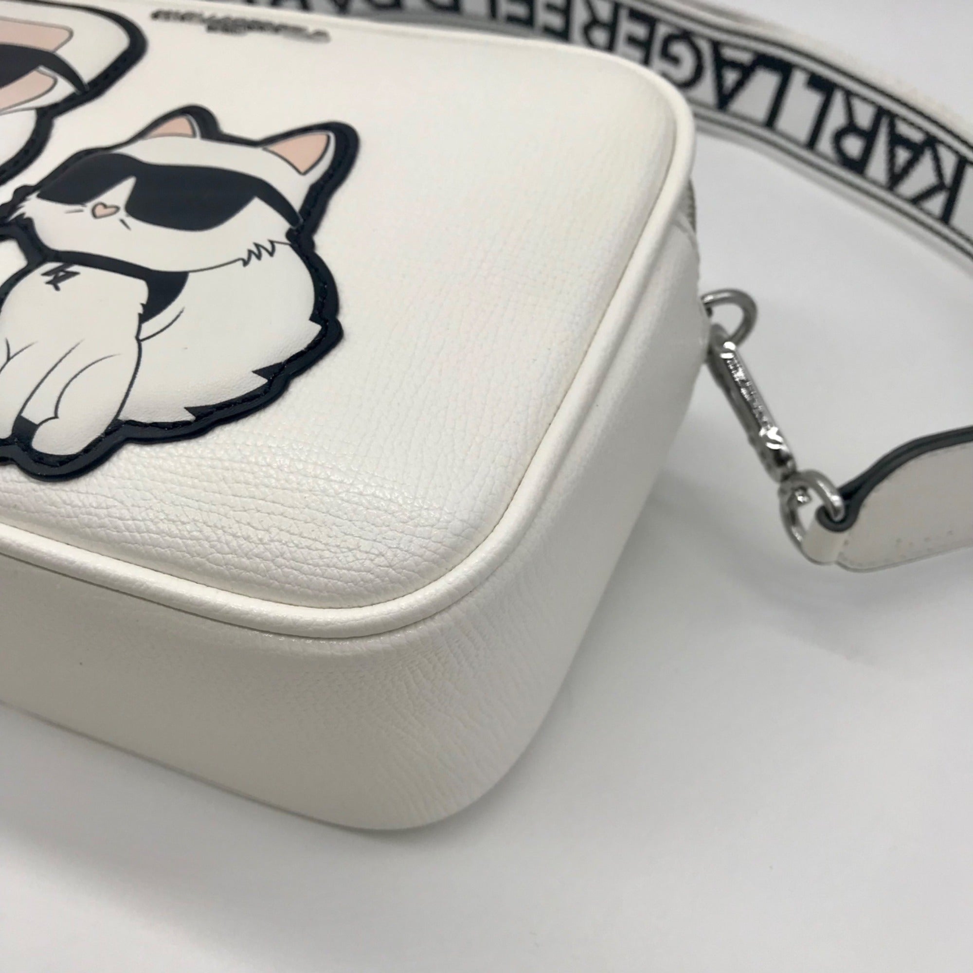 Karl Largerfeld White Pebbled Faux Leather Maybelle Camera Crossbody Bag
