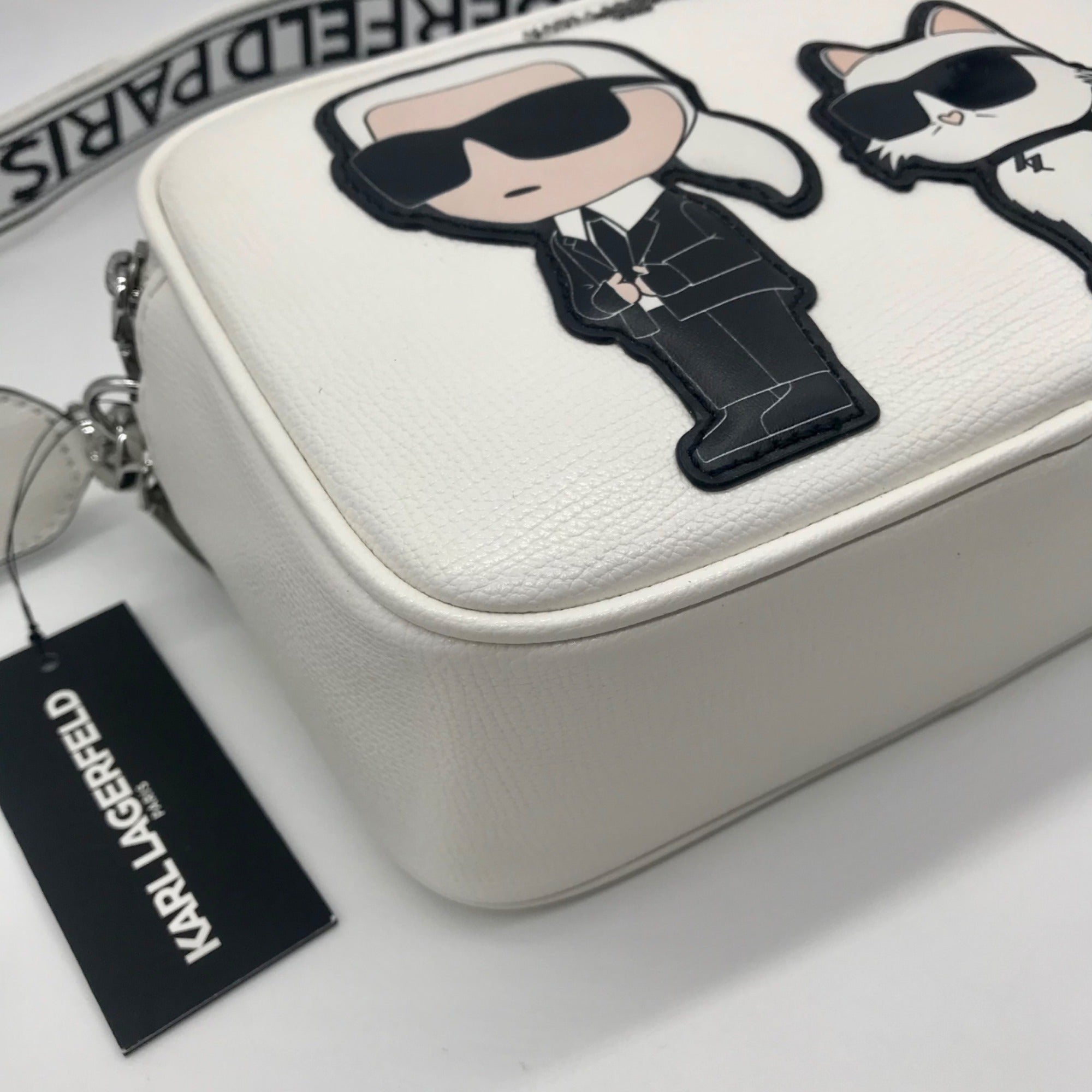 Karl Largerfeld White Pebbled Faux Leather Maybelle Camera Crossbody Bag