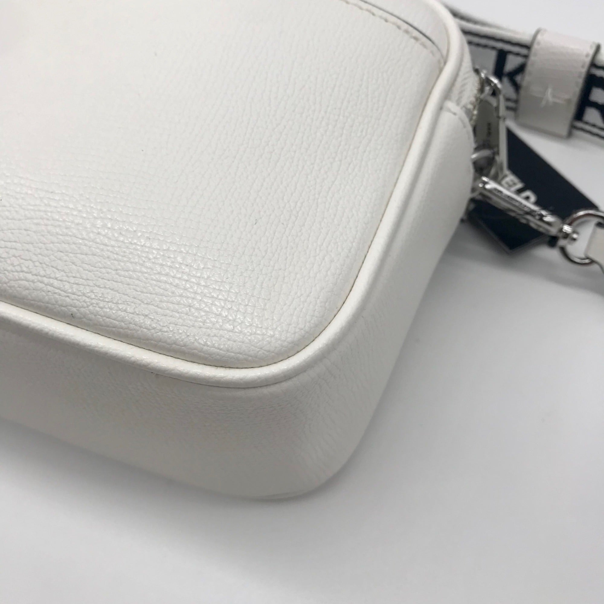 Karl Largerfeld White Pebbled Faux Leather Maybelle Camera Crossbody Bag
