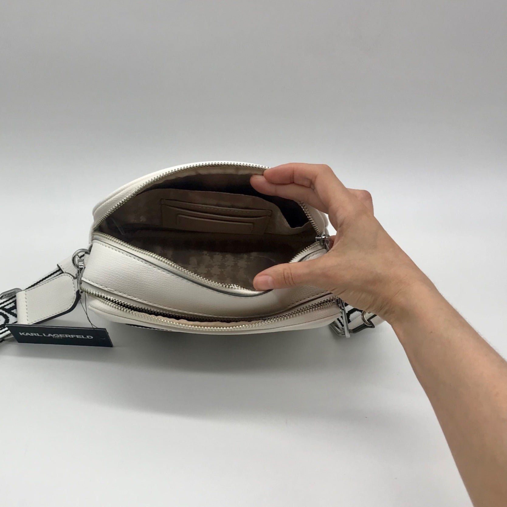 Karl Largerfeld White Pebbled Faux Leather Maybelle Camera Crossbody Bag
