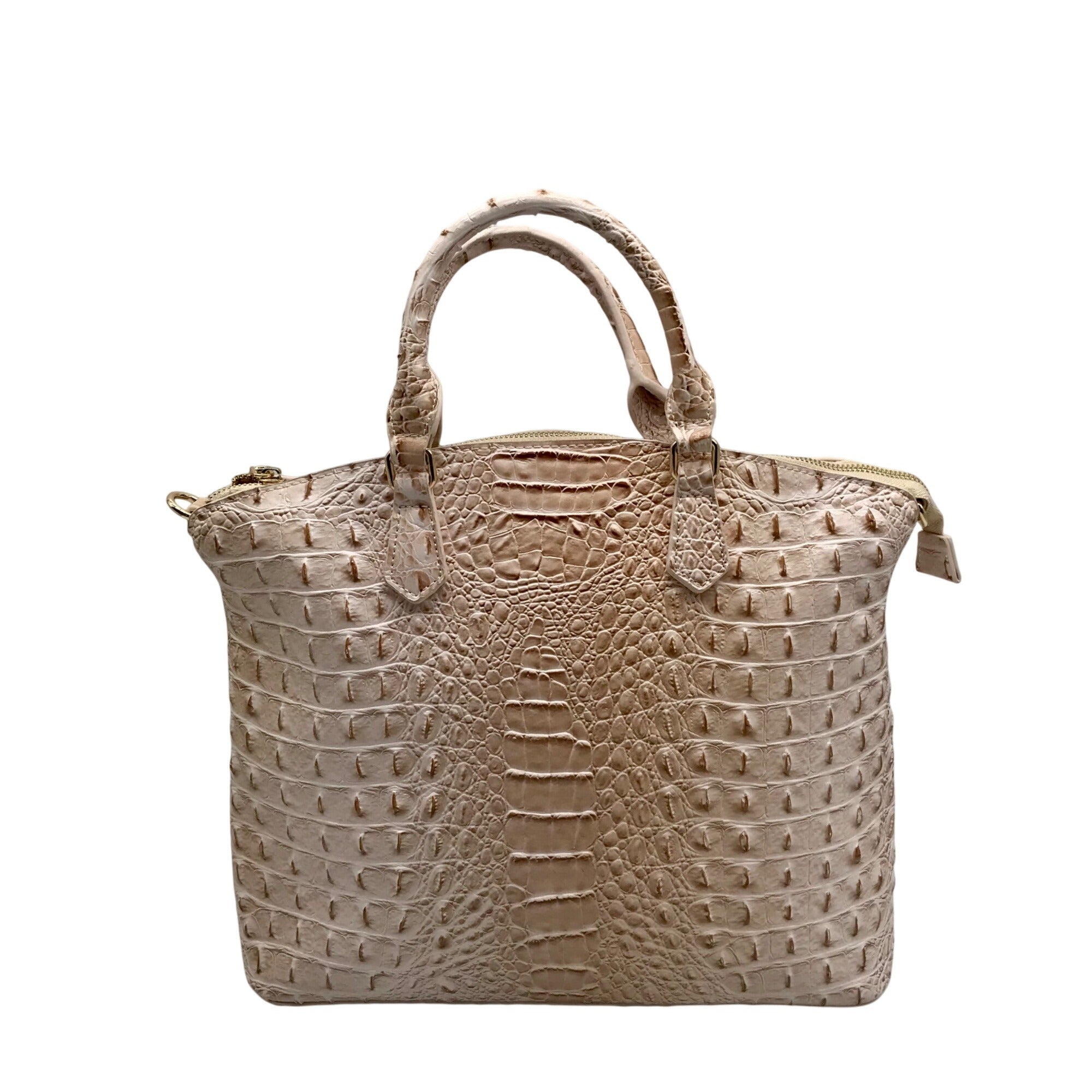 Zan Studio Beige Croc Embossed Leather Convertible Satchel Bag