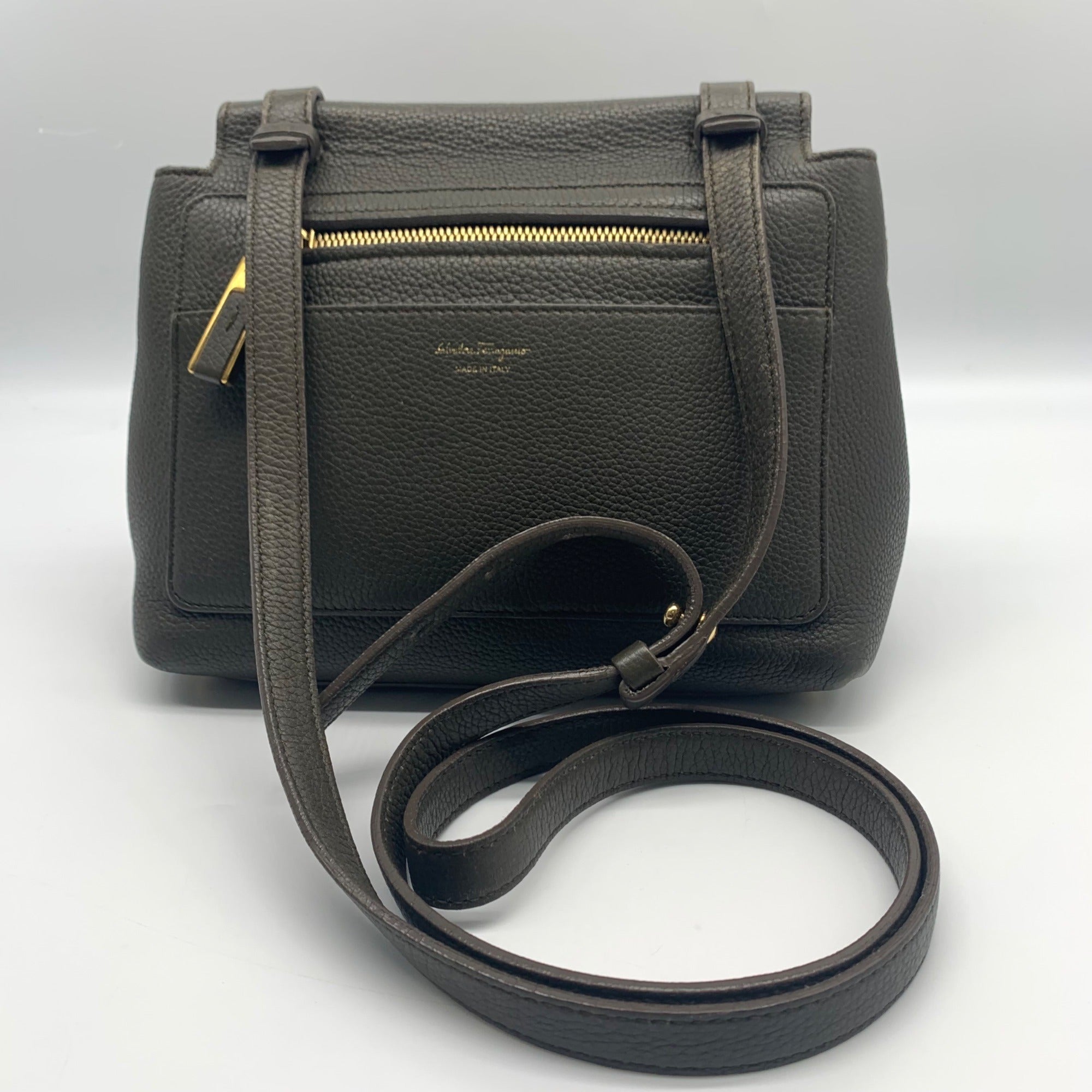 Salvatore Ferragamo Gray Pebbled Leather Gancio Crossbody