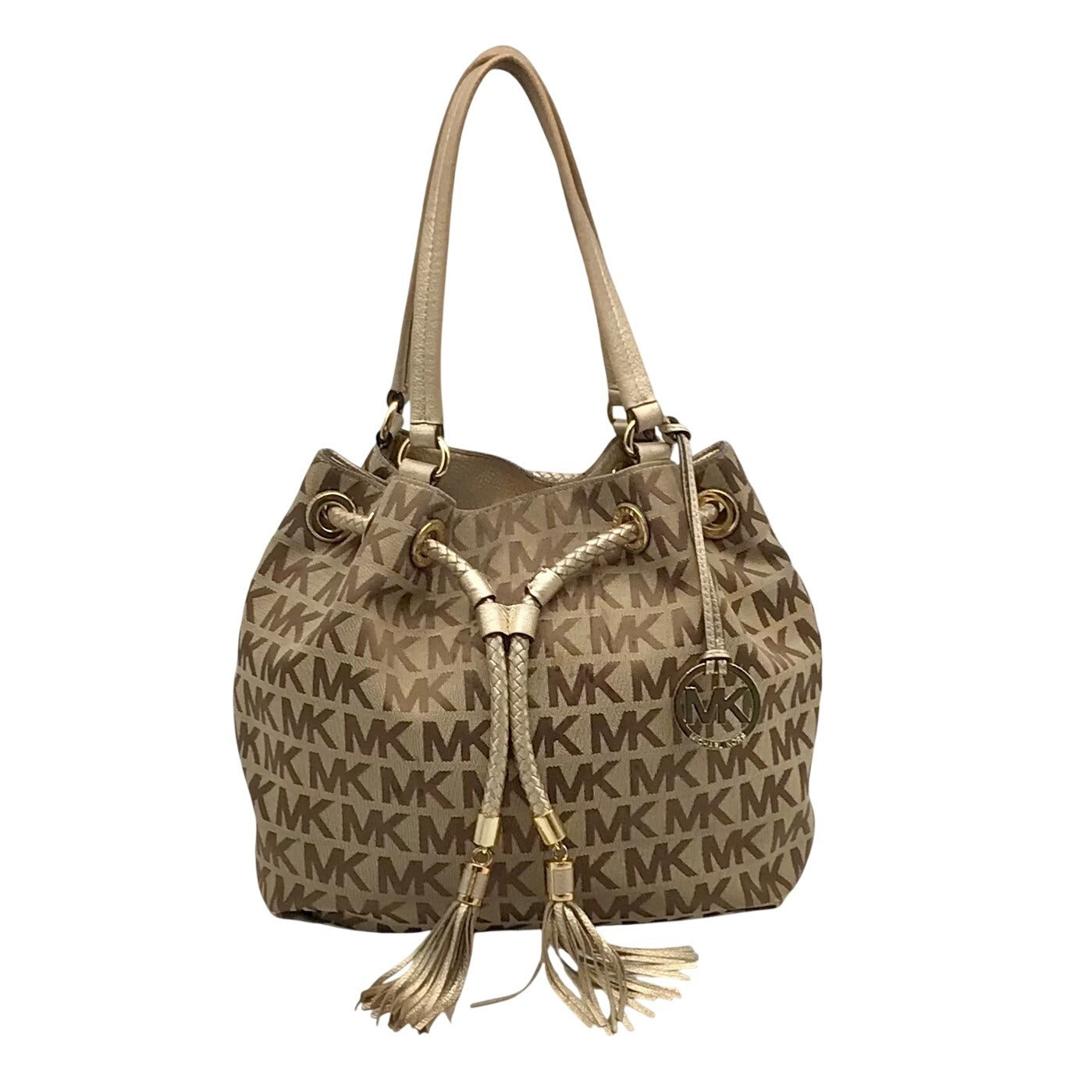 Michael Kors Brown &amp; Gold Monogram Canvas Gathered Jet Set Tote Bag