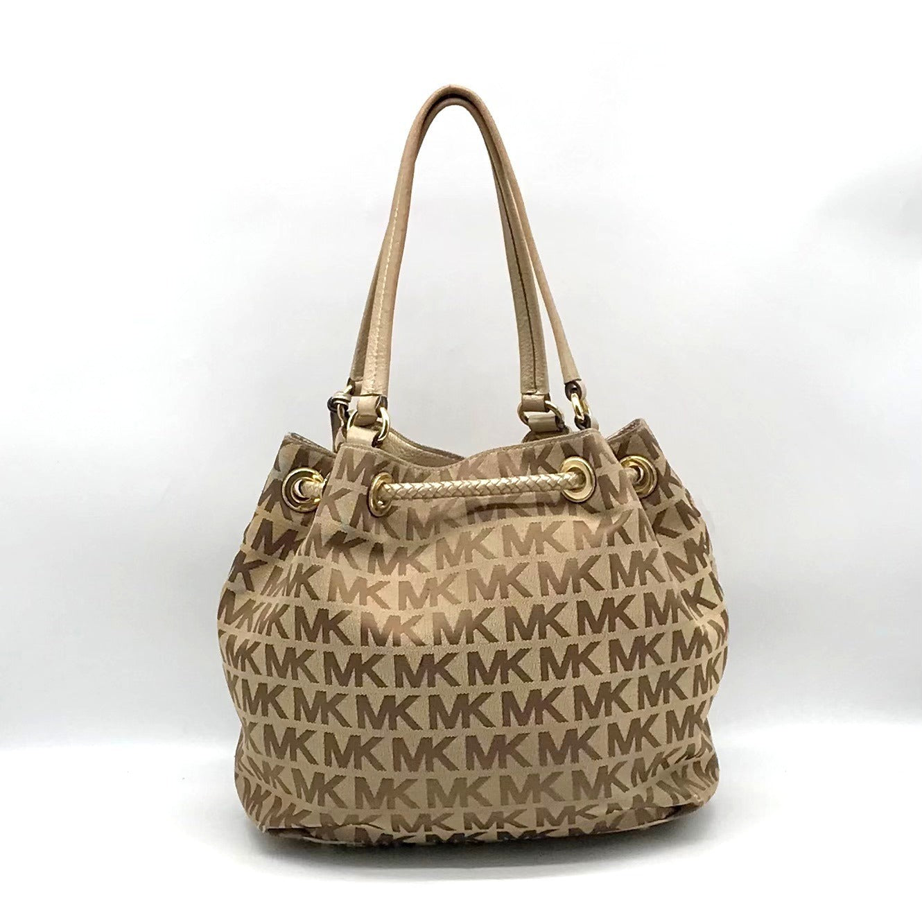 Michael Kors Brown &amp; Gold Monogram Canvas Gathered Jet Set Tote Bag