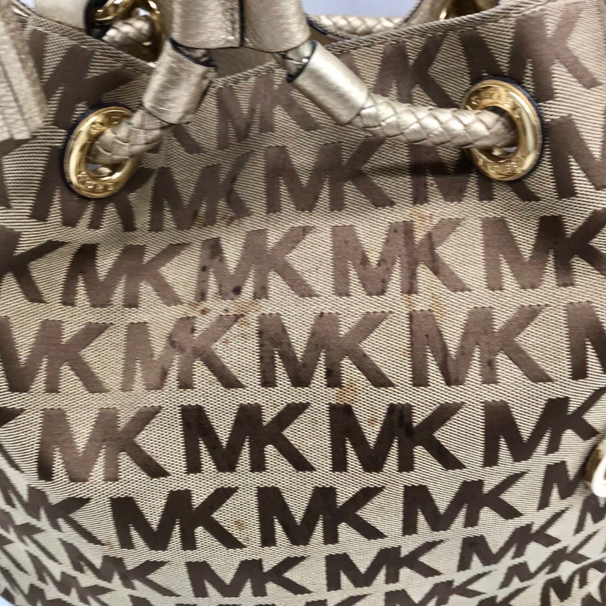 Michael Kors Brown &amp; Gold Monogram Canvas Gathered Jet Set Tote Bag