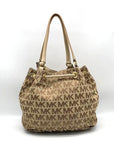 Michael Kors Brown & Gold Monogram Canvas Gathered Jet Set Tote Bag