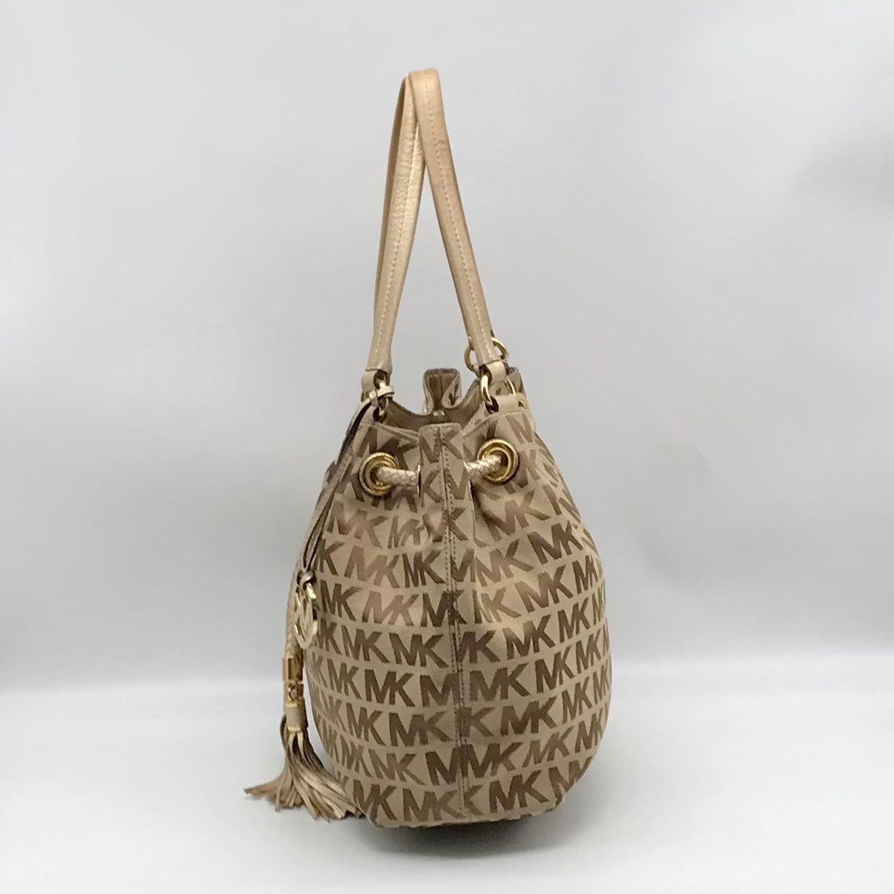 Michael Kors Brown &amp; Gold Monogram Canvas Gathered Jet Set Tote Bag