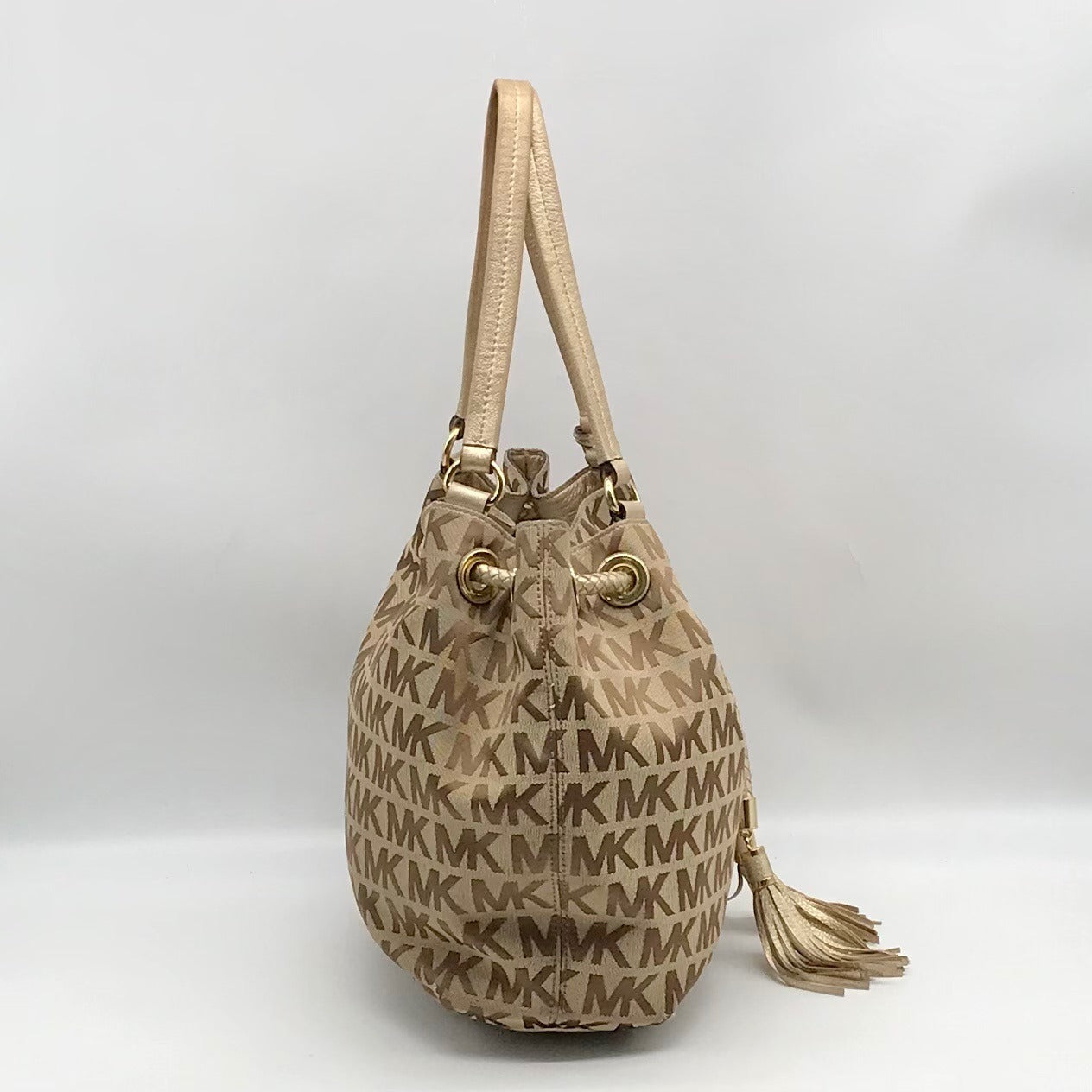 Michael Kors Brown &amp; Gold Monogram Canvas Gathered Jet Set Tote Bag