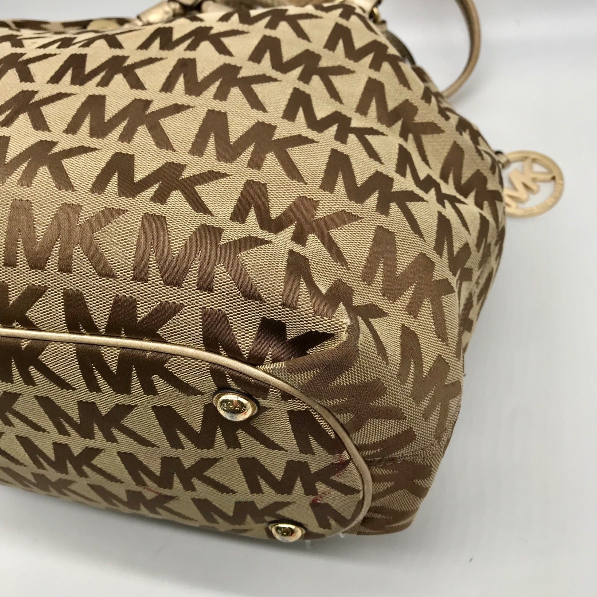 Michael Kors Brown &amp; Gold Monogram Canvas Gathered Jet Set Tote Bag