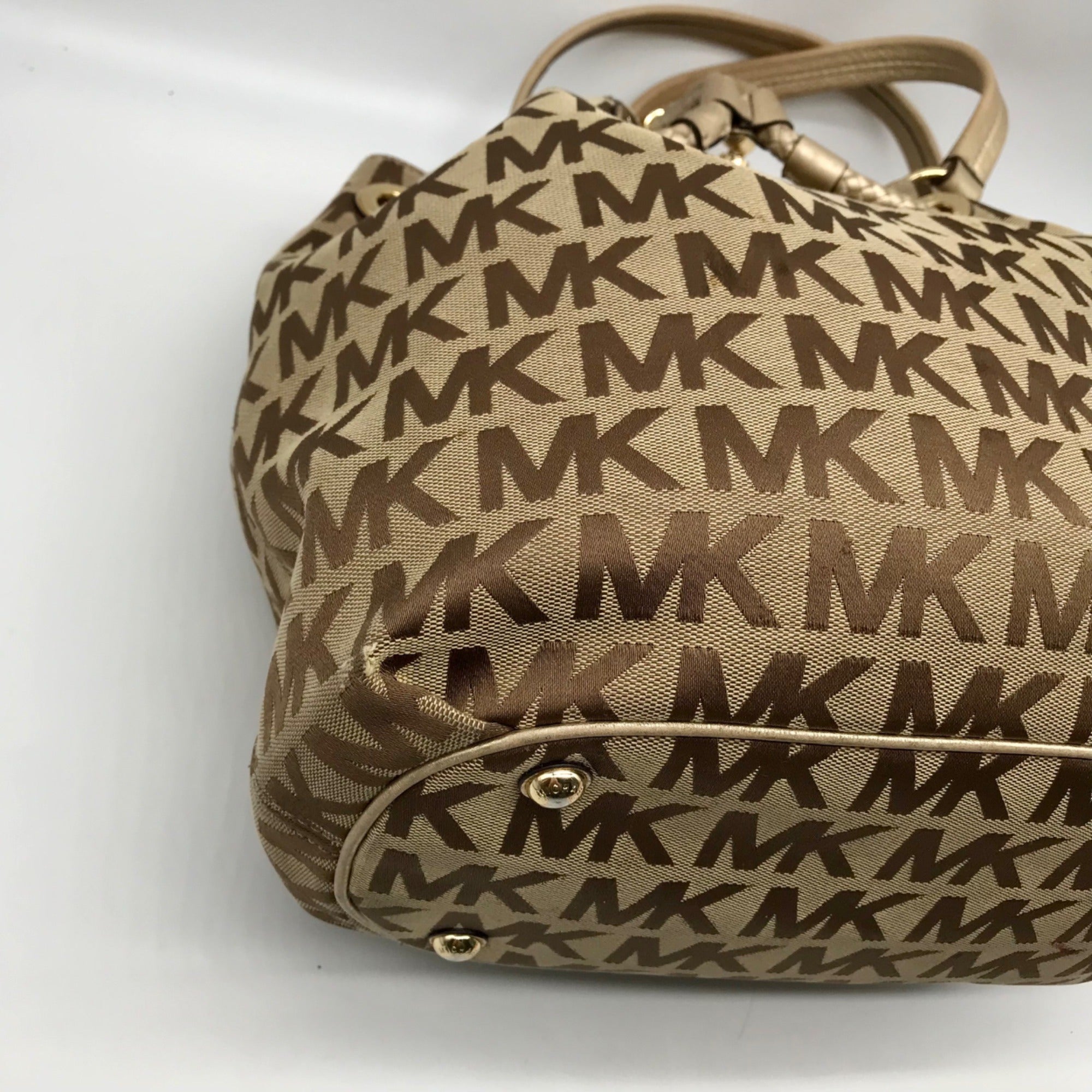 Michael Kors Brown &amp; Gold Monogram Canvas Gathered Jet Set Tote Bag