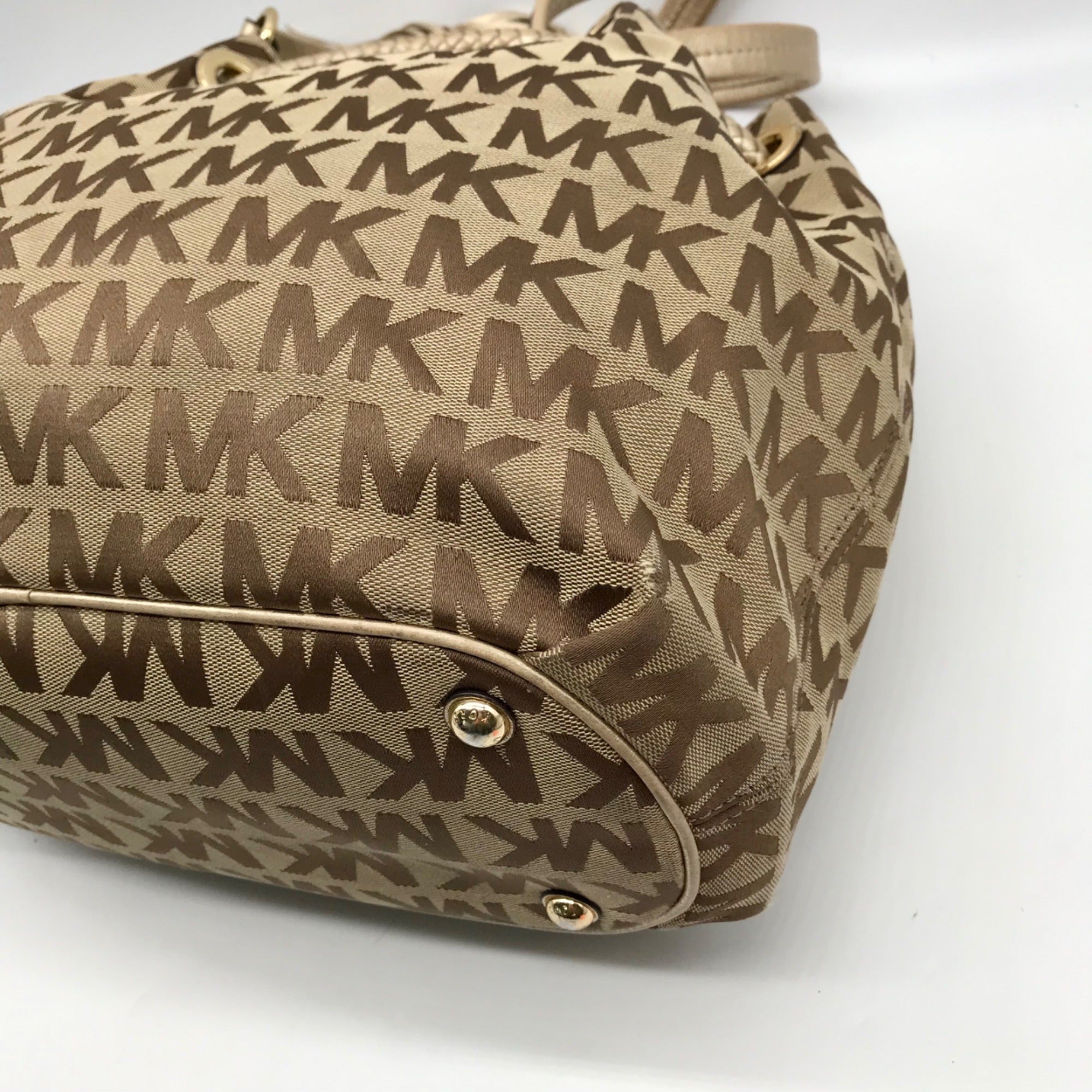 Michael Kors Brown &amp; Gold Monogram Canvas Gathered Jet Set Tote Bag