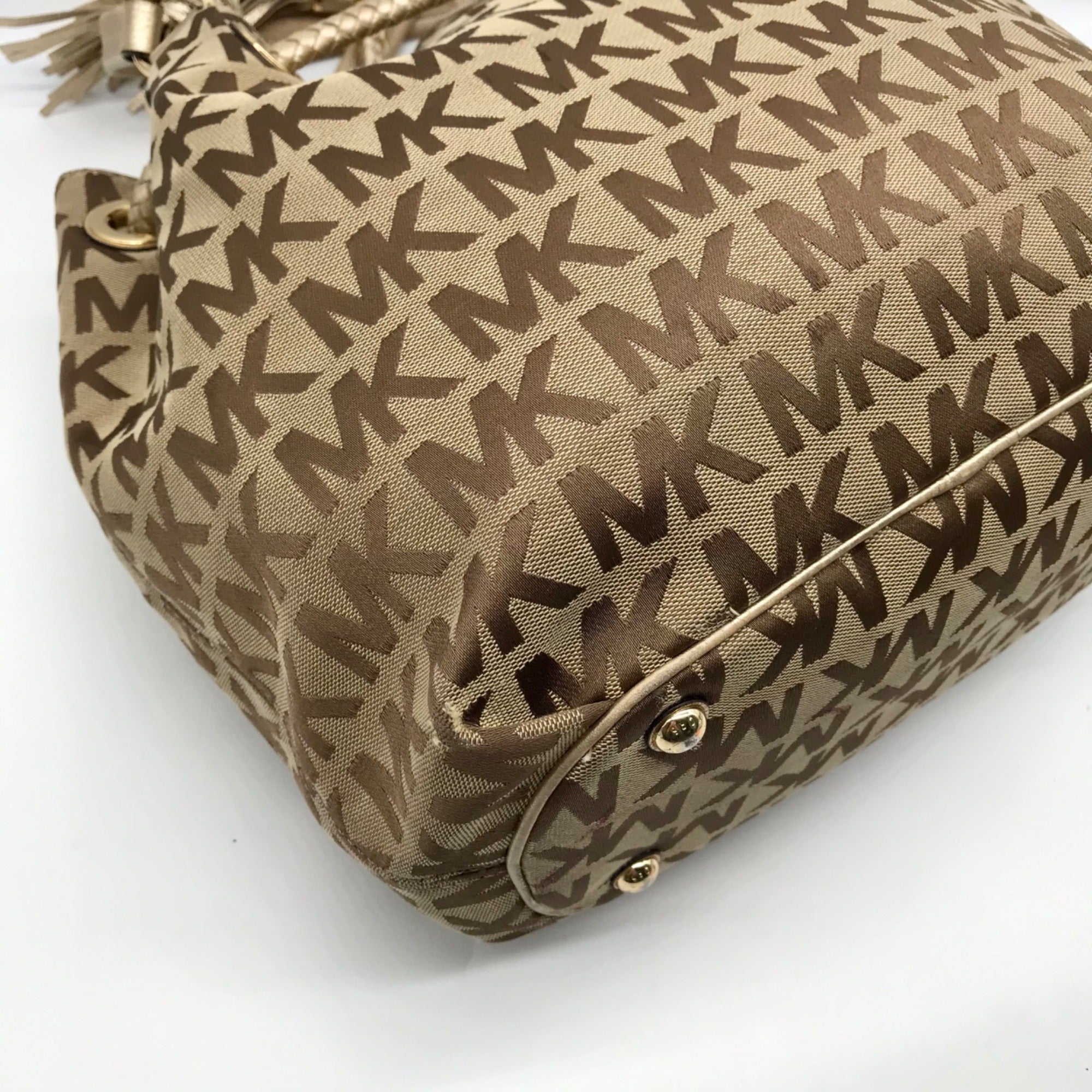 Michael Kors Brown &amp; Gold Monogram Canvas Gathered Jet Set Tote Bag