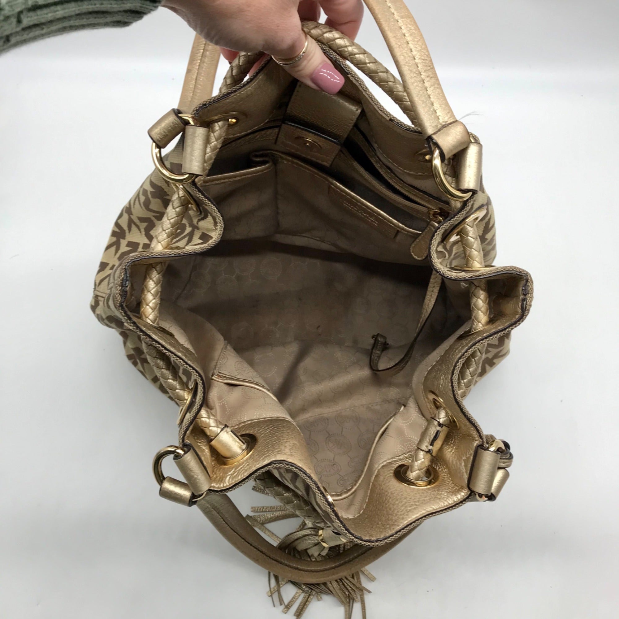 Michael Kors Brown &amp; Gold Monogram Canvas Gathered Jet Set Tote Bag