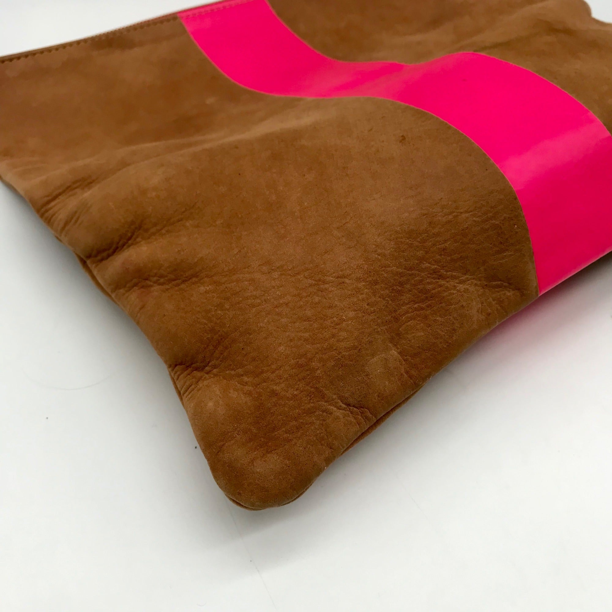 Clare V Camel Brown Leather With Pink Stripe Foldover Clutch